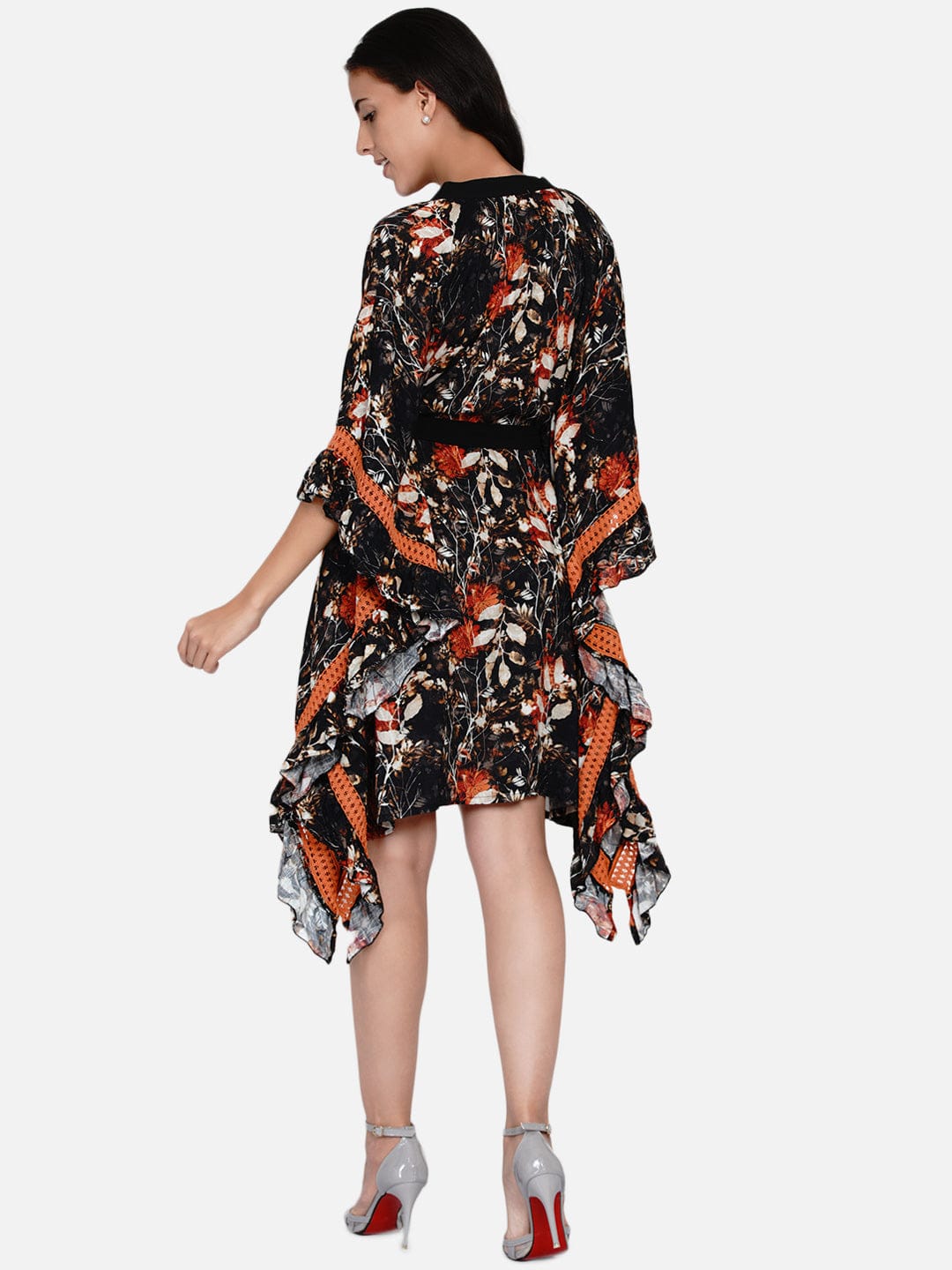 The Kaftan Company Dresses Black and Orange Brushed Floral Kaftan Dress with Belt