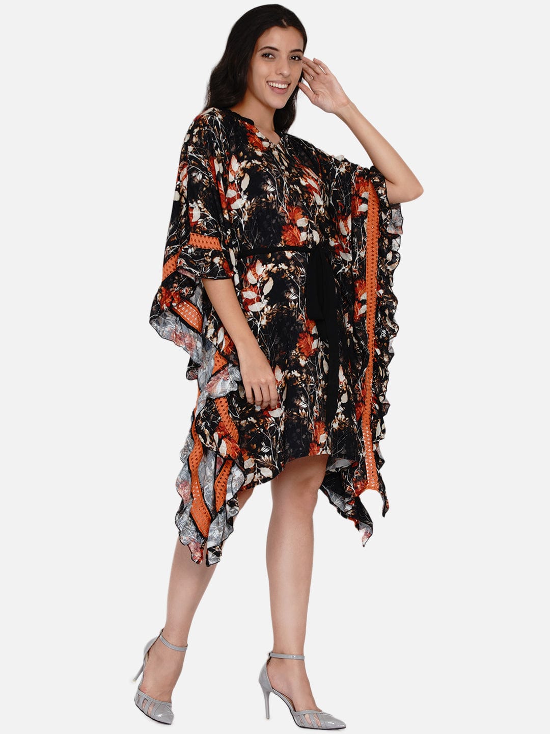 The Kaftan Company Dresses Black and Orange Brushed Floral Kaftan Dress with Belt