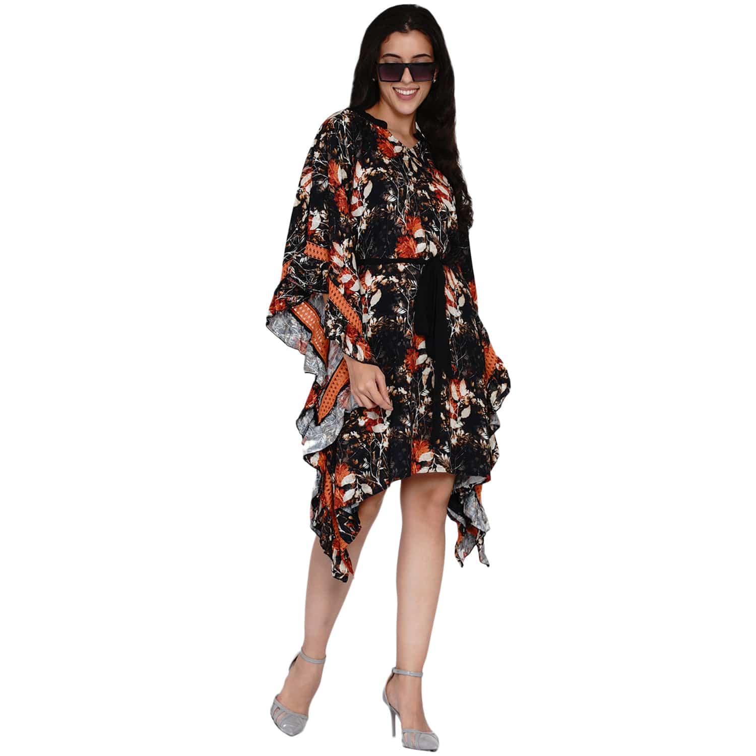The Kaftan Company Dresses Black and Orange Brushed Floral Kaftan Dress with Belt
