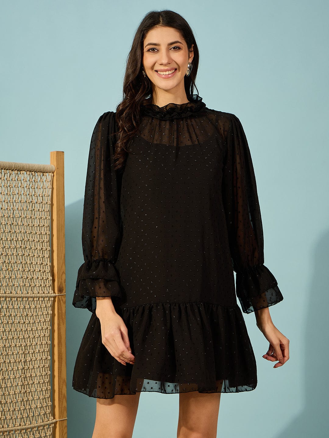The Kaftan Company Dresses Black Dobby Georgette Ruffle Dress