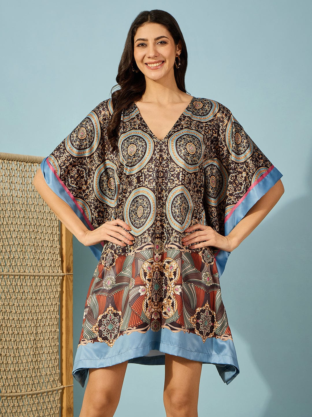 The Kaftan Company Dresses Black Ornamental Baroque Printed Satin Kaftan Dress