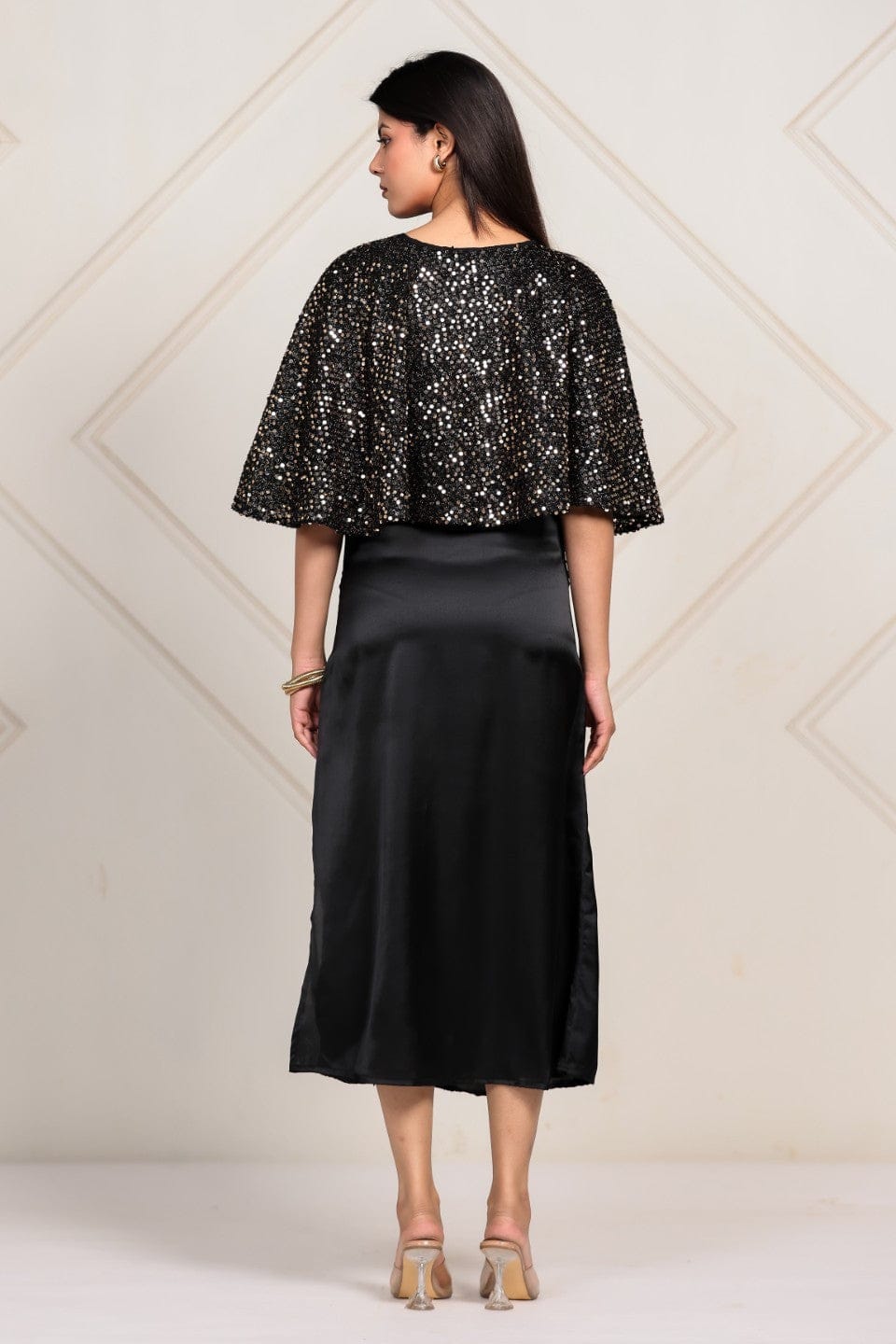 The Kaftan Company Dresses Black Satin & Sequin Capelet Partywear Dress