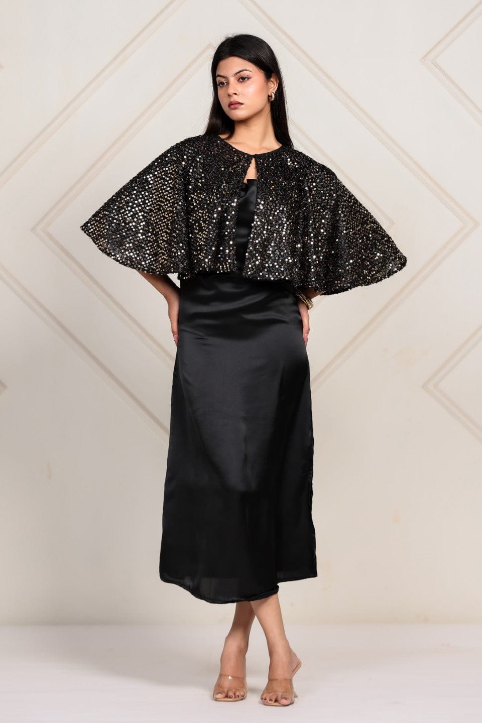 The Kaftan Company Dresses Black Satin & Sequin Capelet Partywear Dress