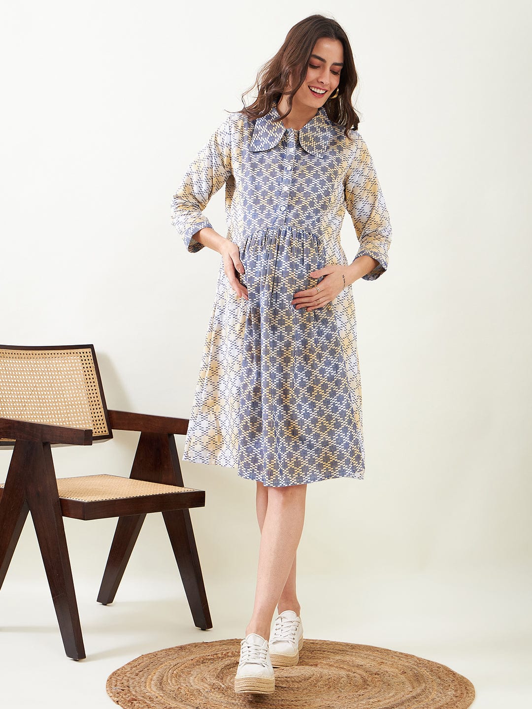 The Kaftan Company Dresses Blue Cotton Maternity and Nursing Skater Dress