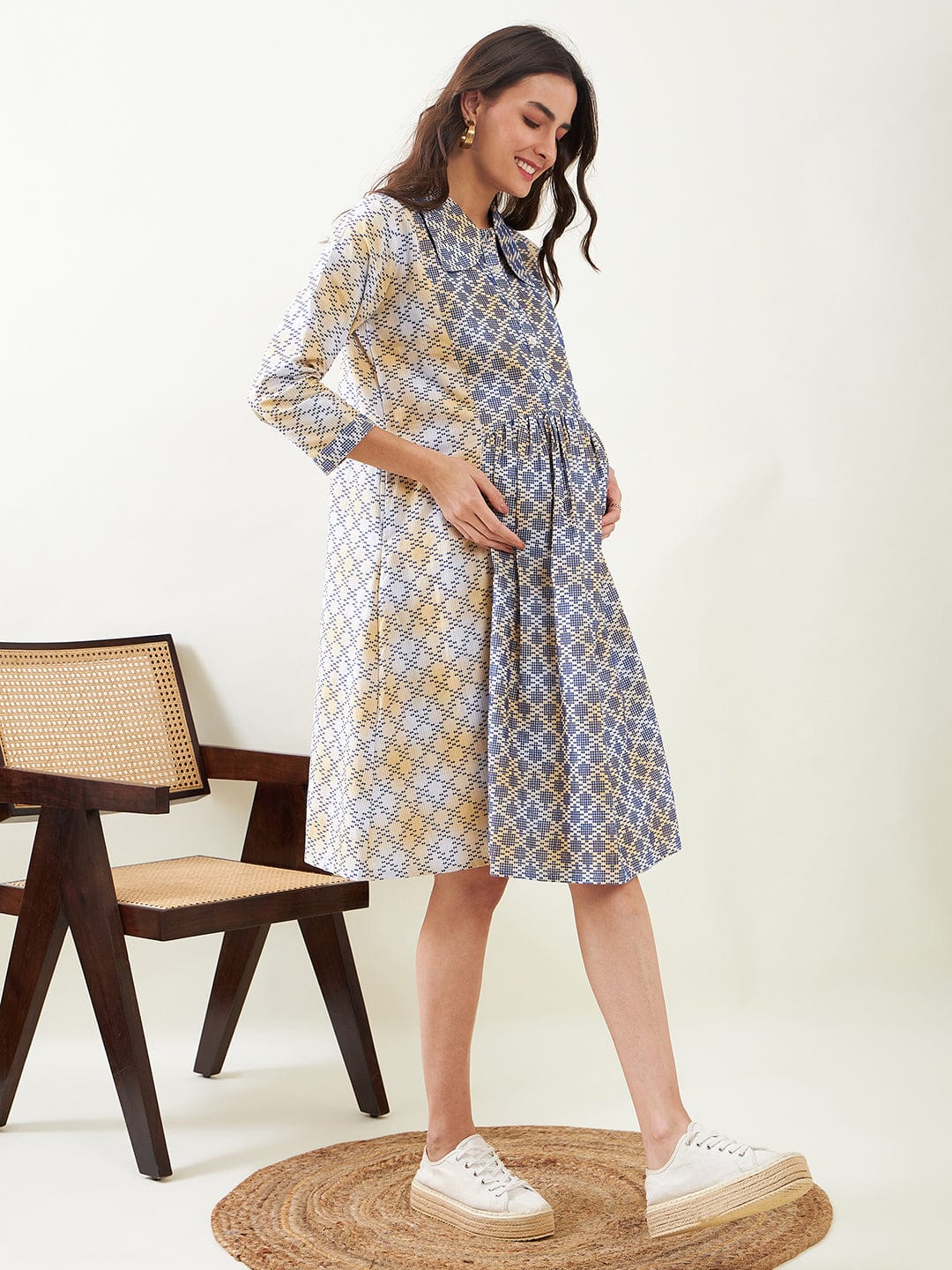 The Kaftan Company Dresses Blue Cotton Maternity and Nursing Skater Dress
