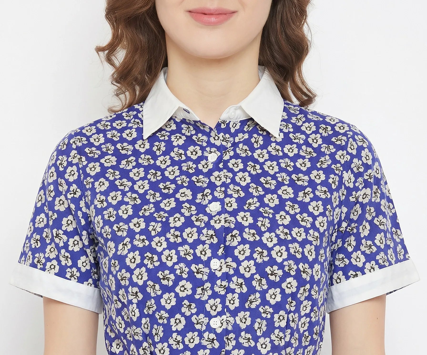 The Kaftan Company Dresses Blue Floral Print Crepe Shirt Dress with Contrast Collar