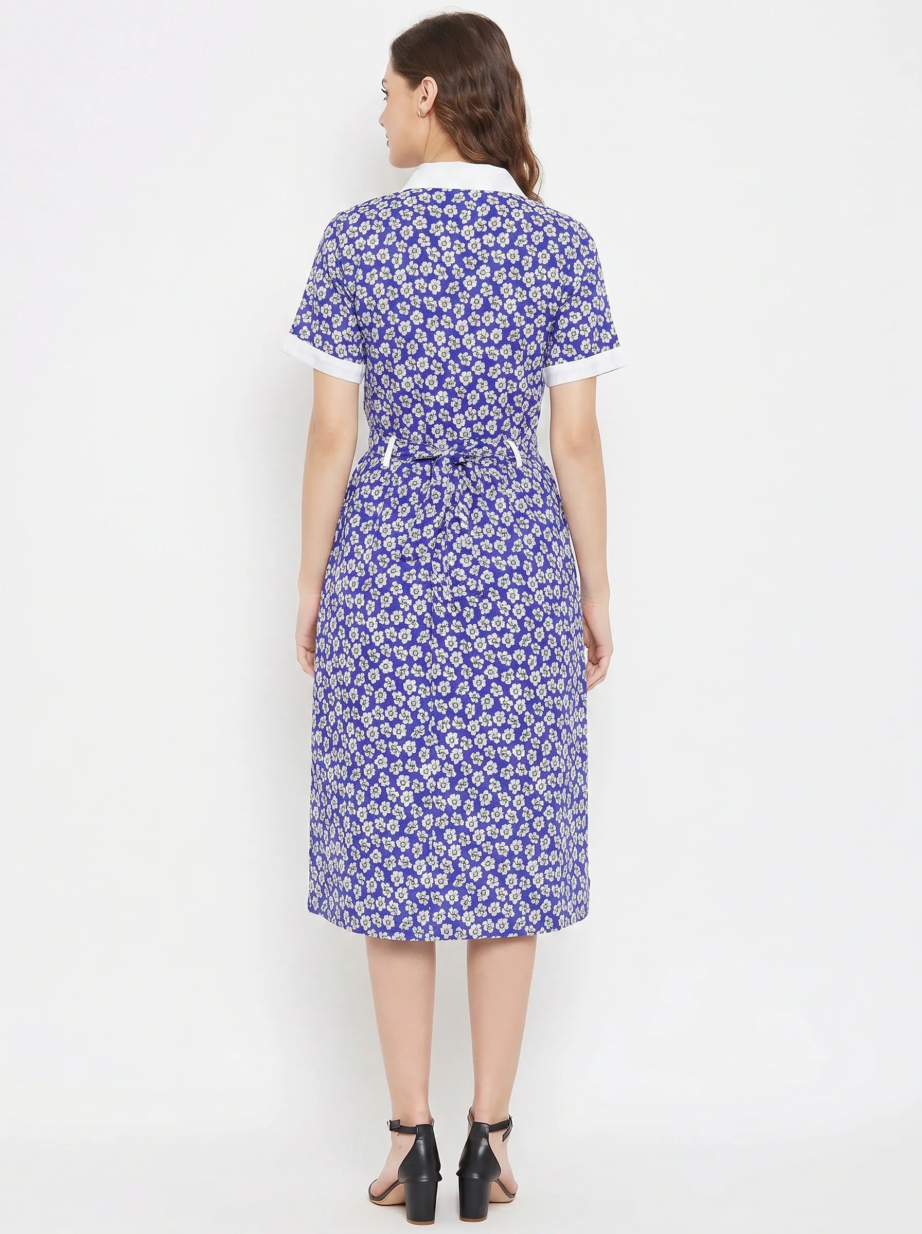 The Kaftan Company Dresses Blue Floral Print Crepe Shirt Dress with Contrast Collar