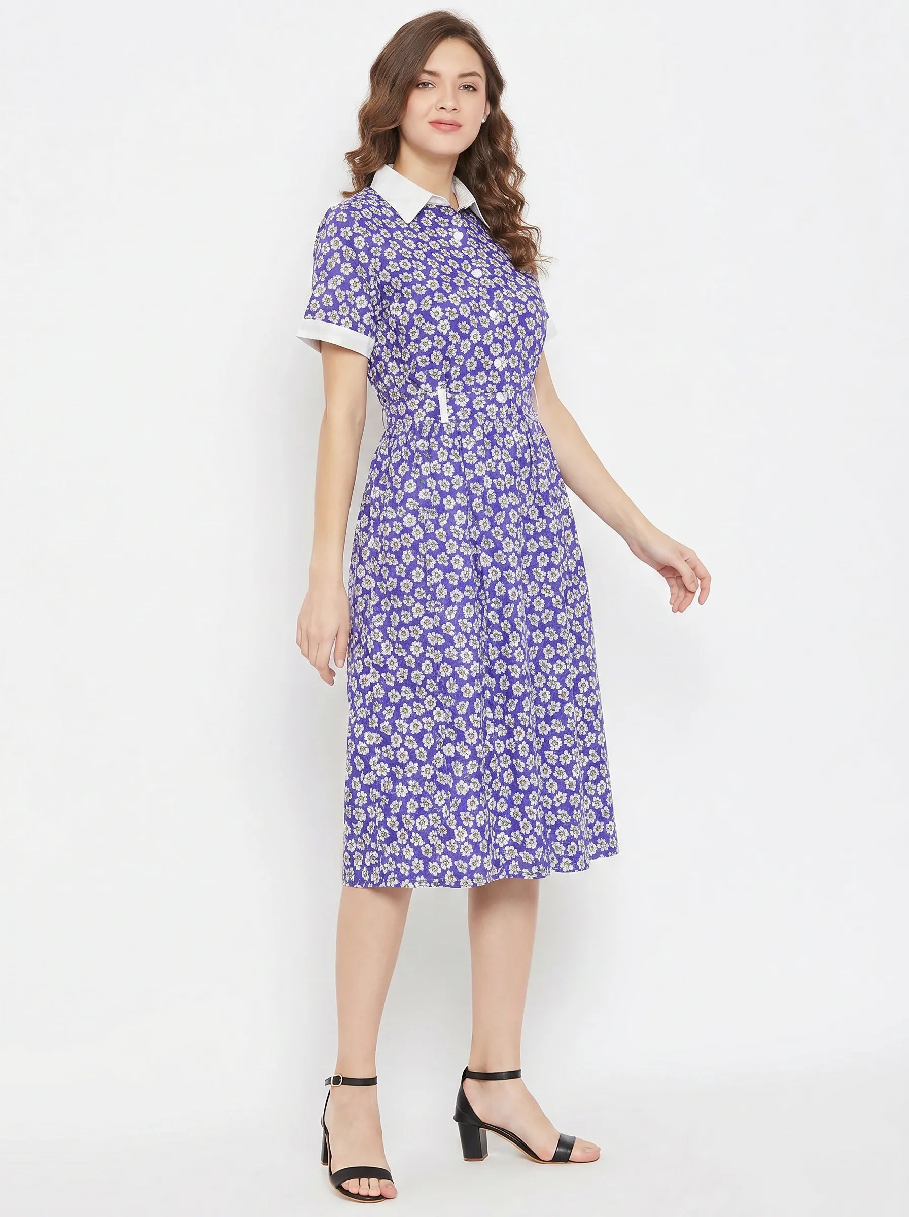 The Kaftan Company Dresses Blue Floral Print Crepe Shirt Dress with Contrast Collar
