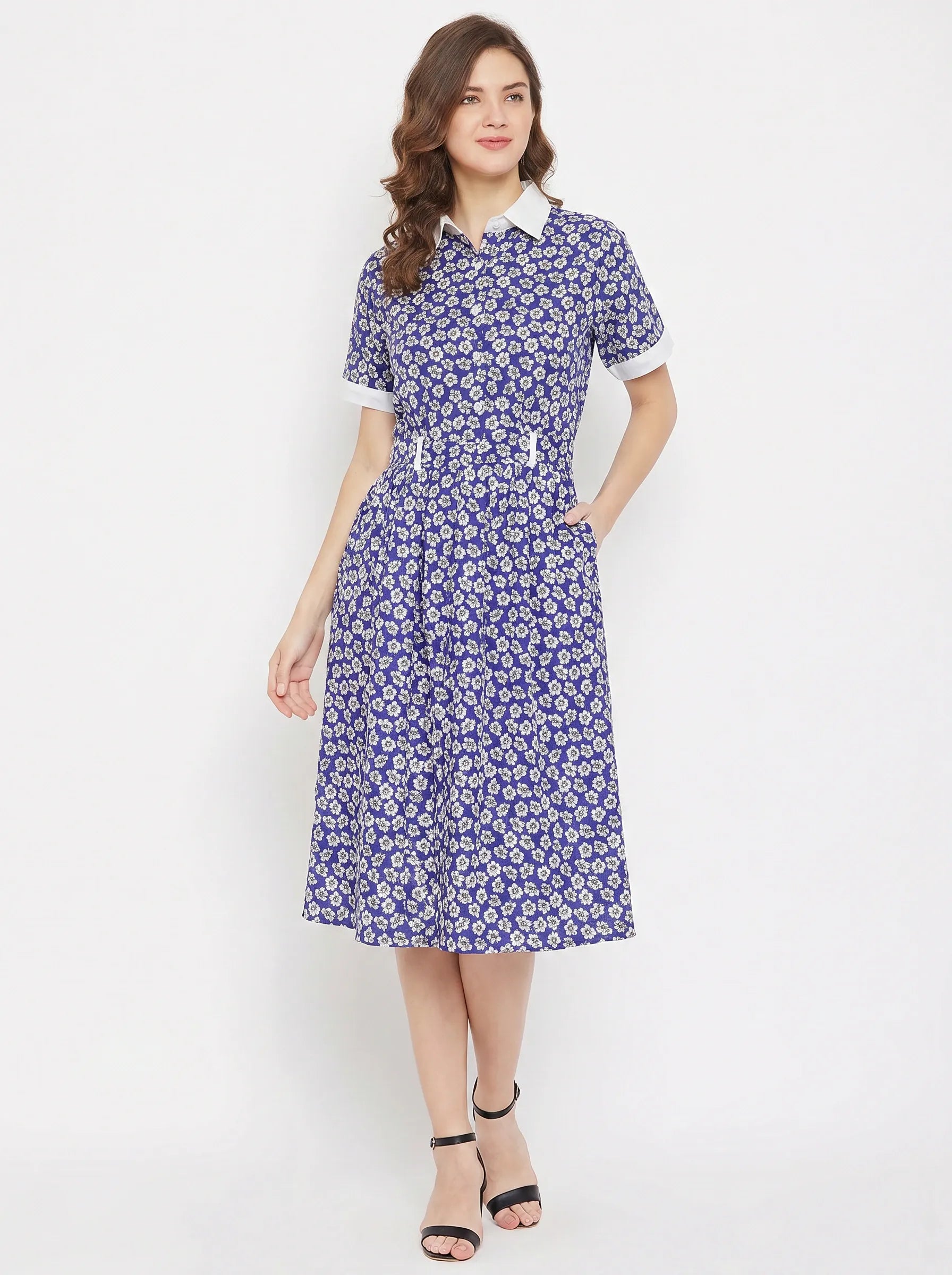 The Kaftan Company Dresses Blue Floral Print Crepe Shirt Dress with Contrast Collar