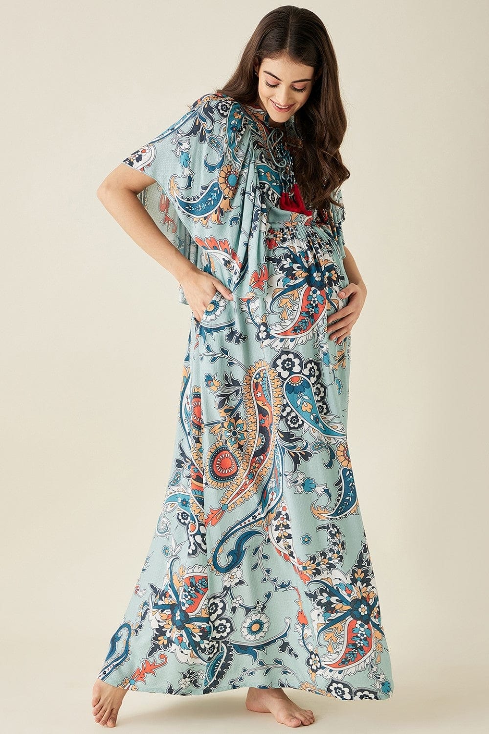 The Kaftan Company Dresses Blue Paisley Printed Maternity Lounge Dress