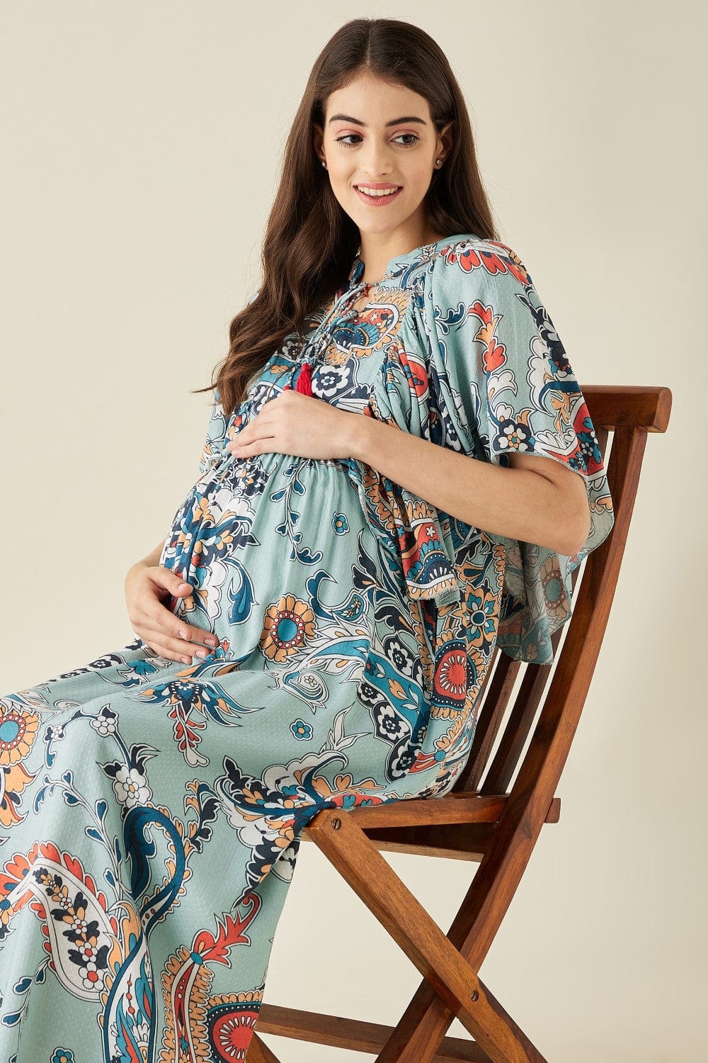 The Kaftan Company Dresses Blue Paisley Printed Maternity Lounge Dress