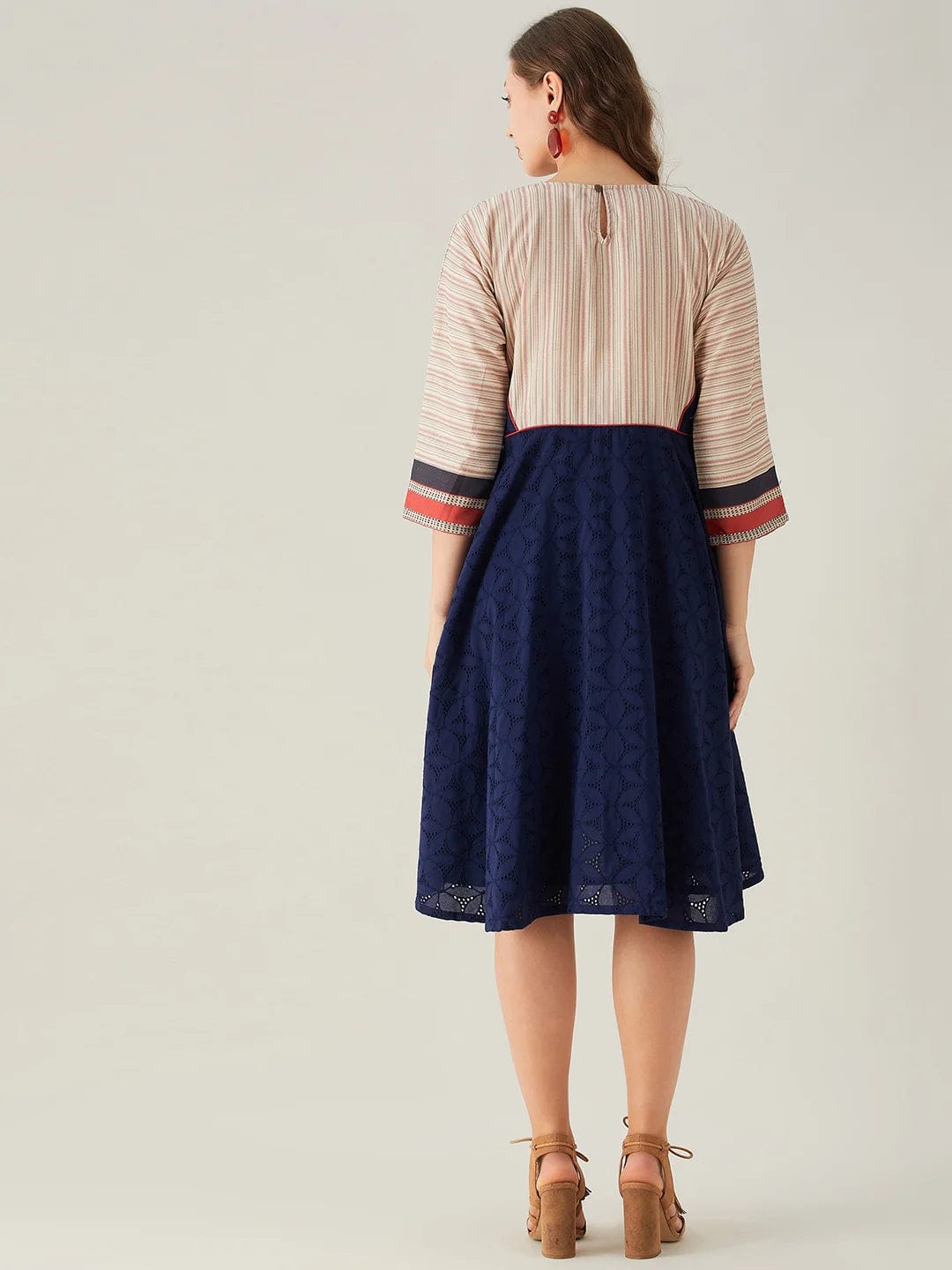 The Kaftan Company Dresses Blue Schiffli Dress with Embroidered Floral Yoke (Final Sale)