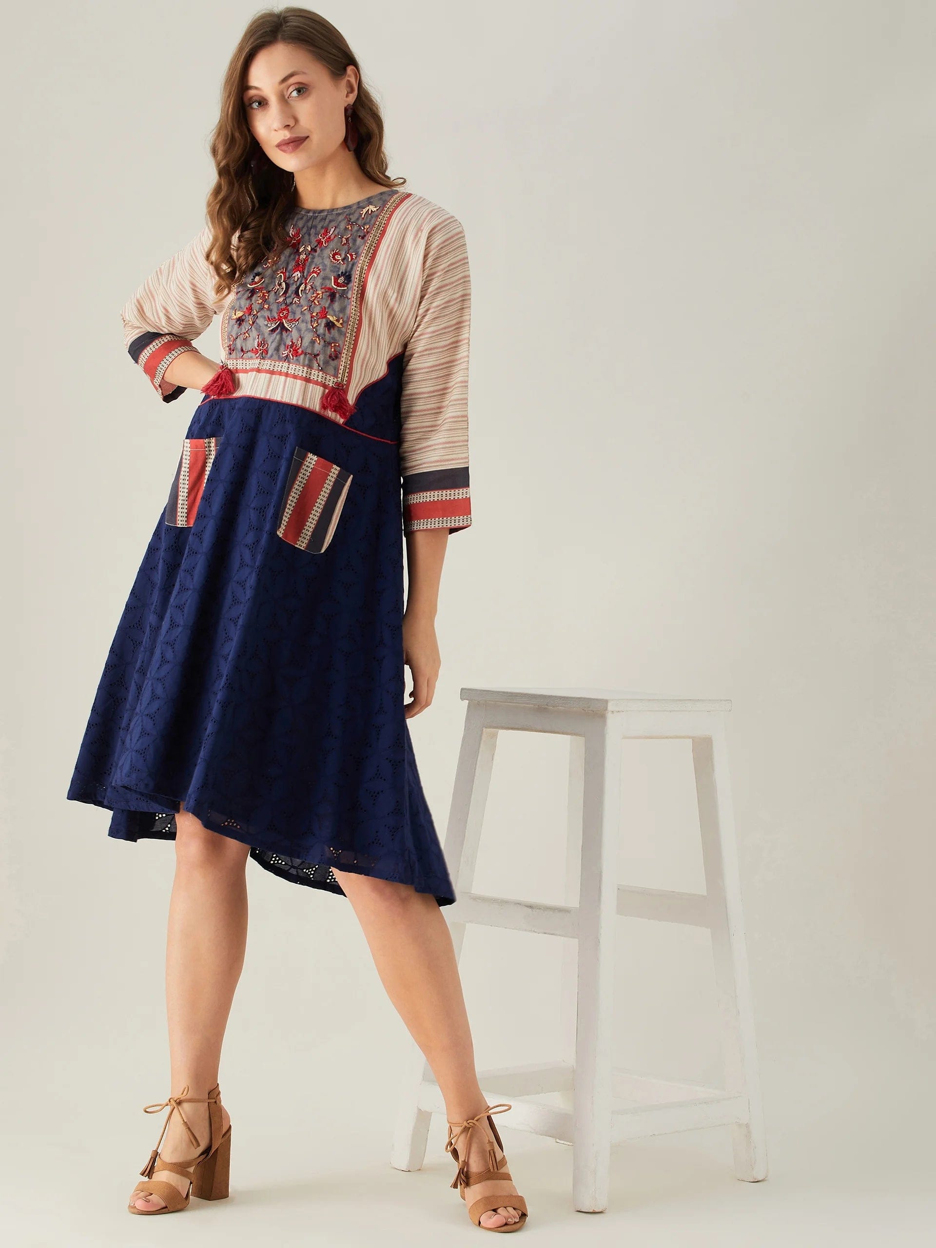 The Kaftan Company Dresses Blue Schiffli Dress with Embroidered Floral Yoke (Final Sale)