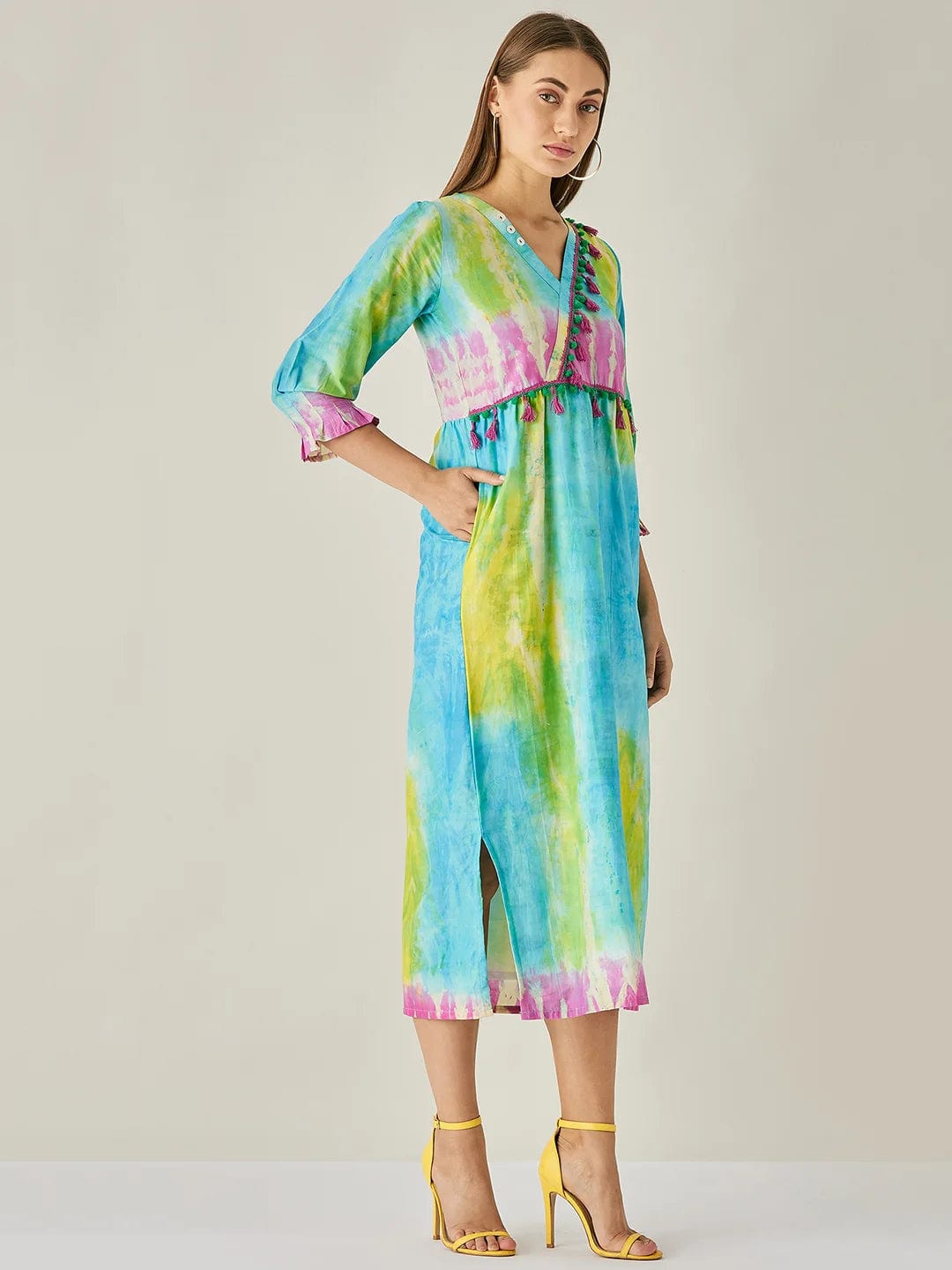 The Kaftan Company Dresses Blue Tie dye Empire Line Dress with Tassels