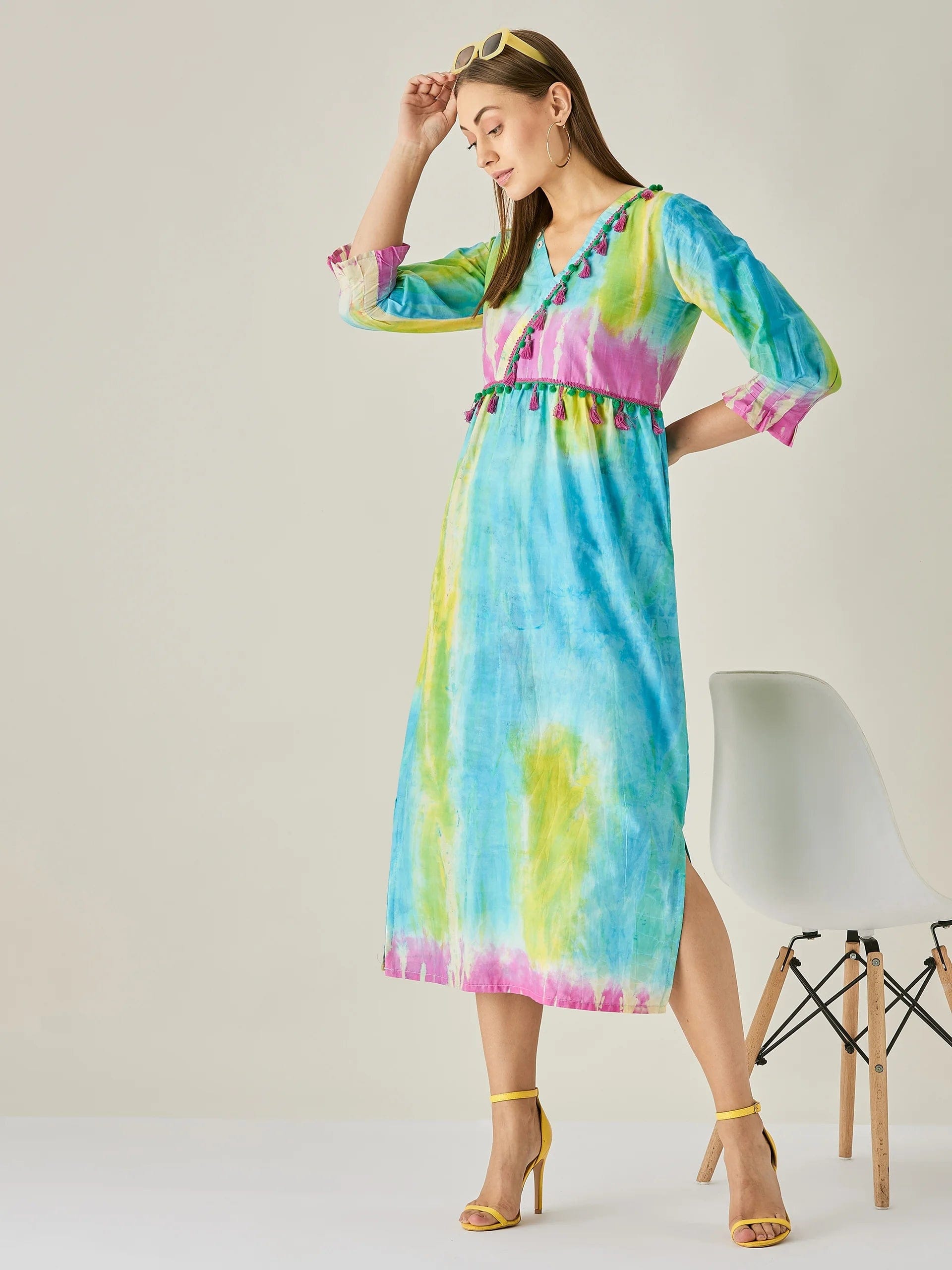 The Kaftan Company Dresses Blue Tie dye Empire Line Dress with Tassels