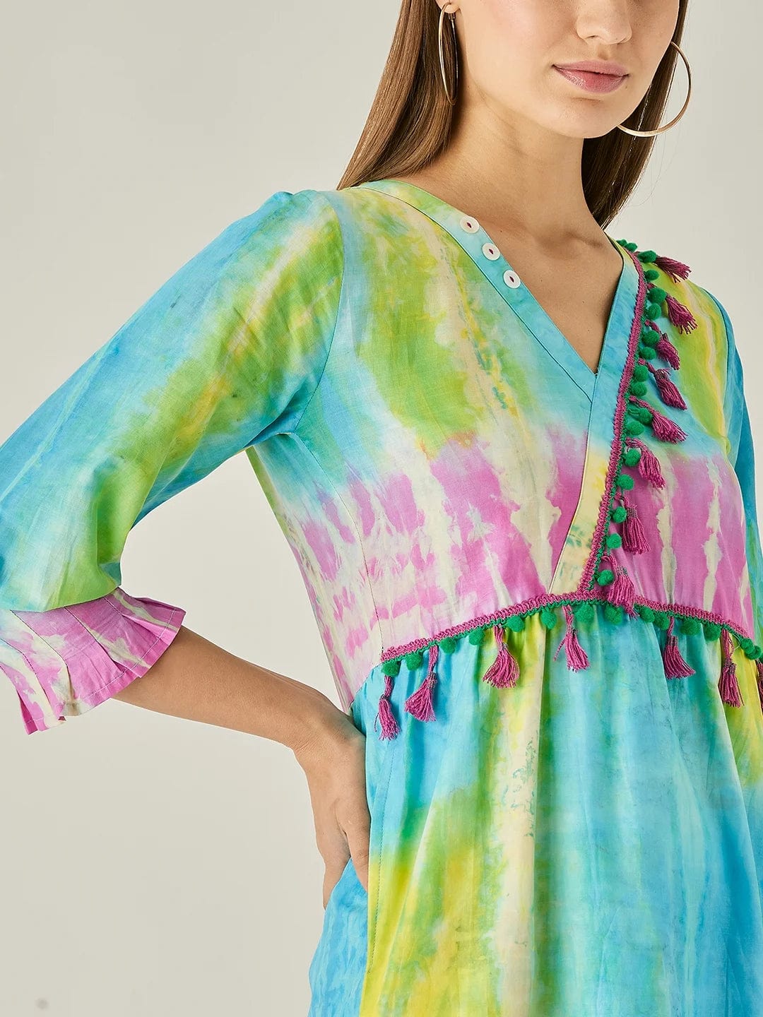 The Kaftan Company Dresses Blue Tie dye Empire Line Dress with Tassels