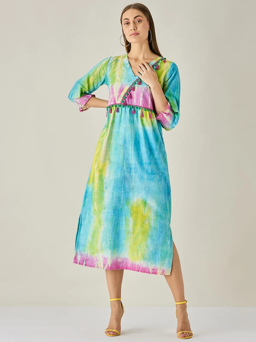 The Kaftan Company Dresses Blue Tie dye Empire Line Dress with Tassels