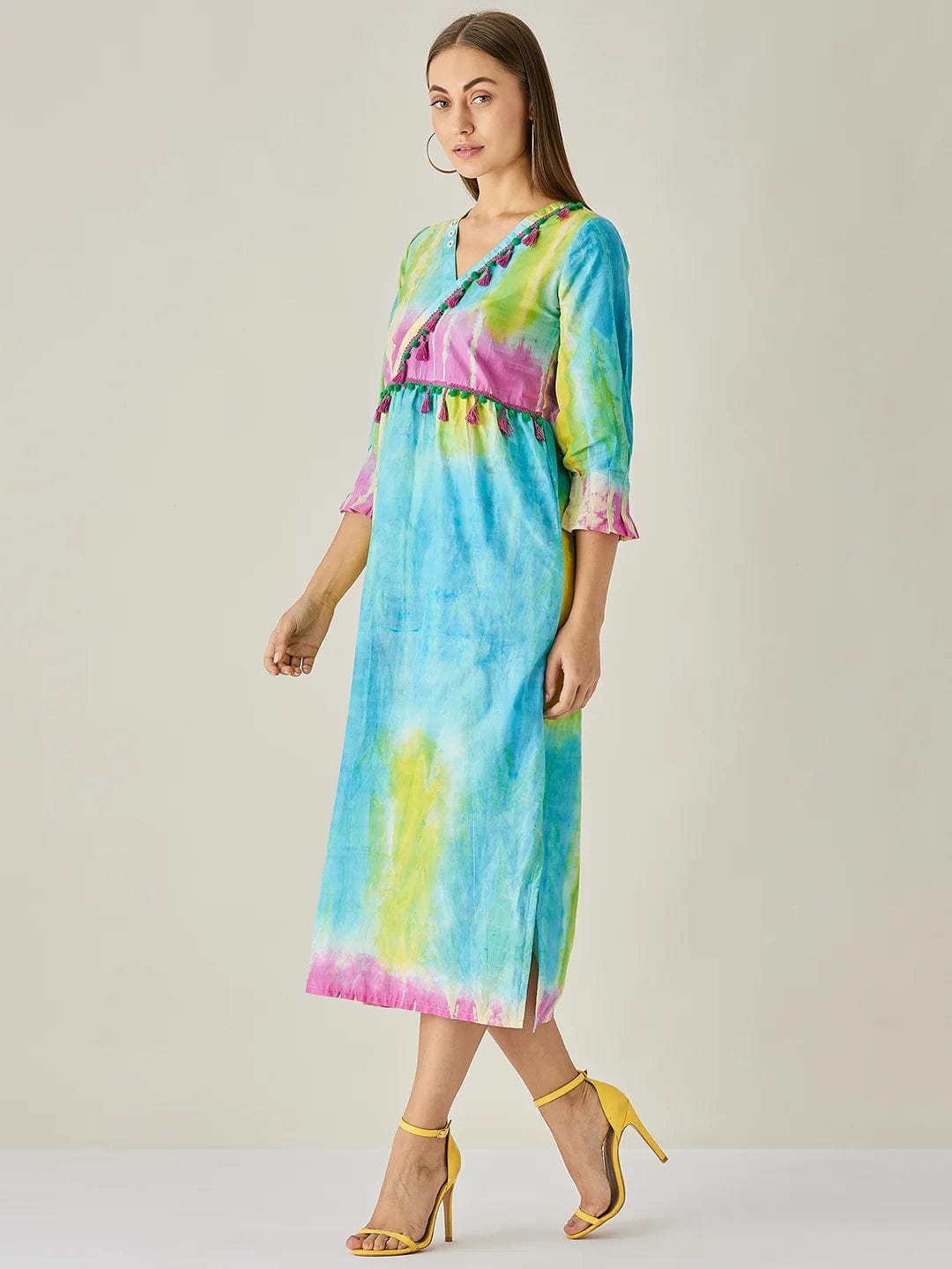 The Kaftan Company Dresses Blue Tie dye Empire Line Dress with Tassels
