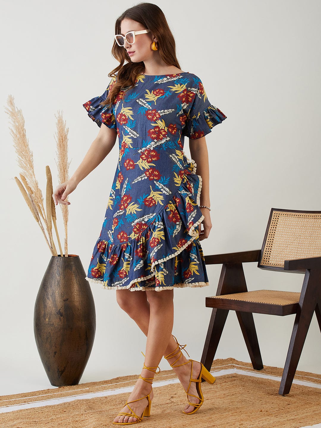 The Kaftan Company Dresses Blue Tropical Bliss Denim Dress