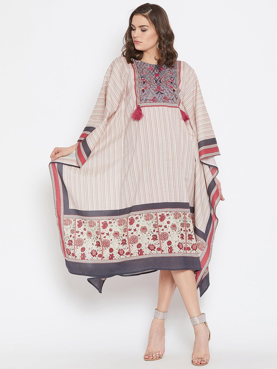 The Kaftan Company Dresses Bold Floral Red Striped Embroidered Kaftan Dress
