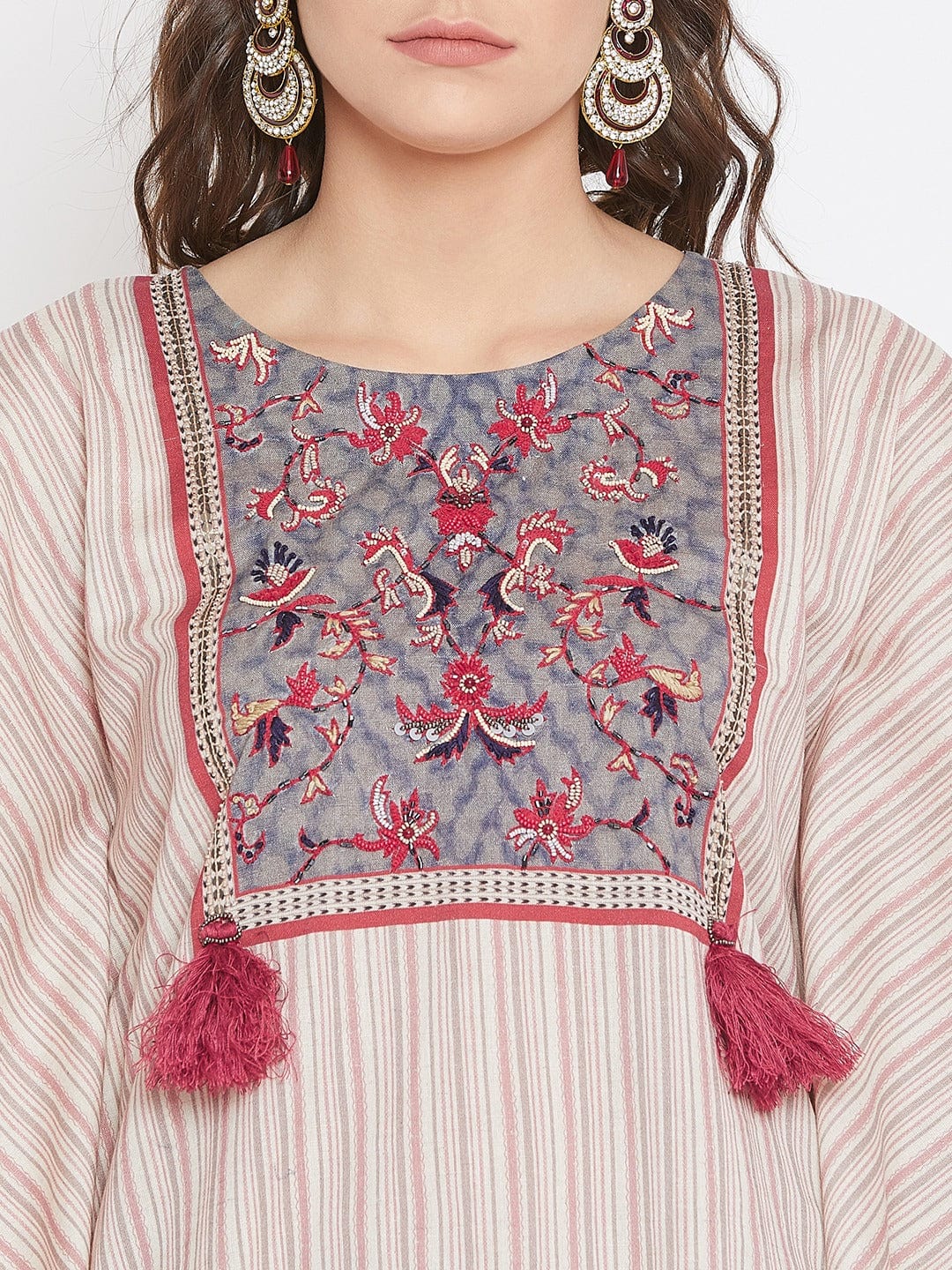The Kaftan Company Dresses Bold Floral Red Striped Embroidered Kaftan Dress