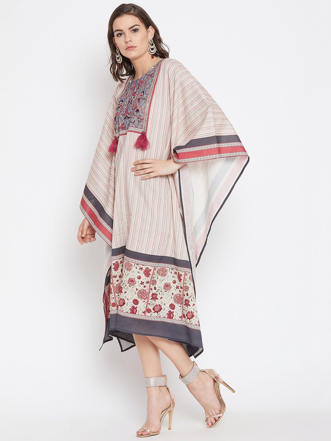 The Kaftan Company Dresses Bold Floral Red Striped Embroidered Kaftan Dress