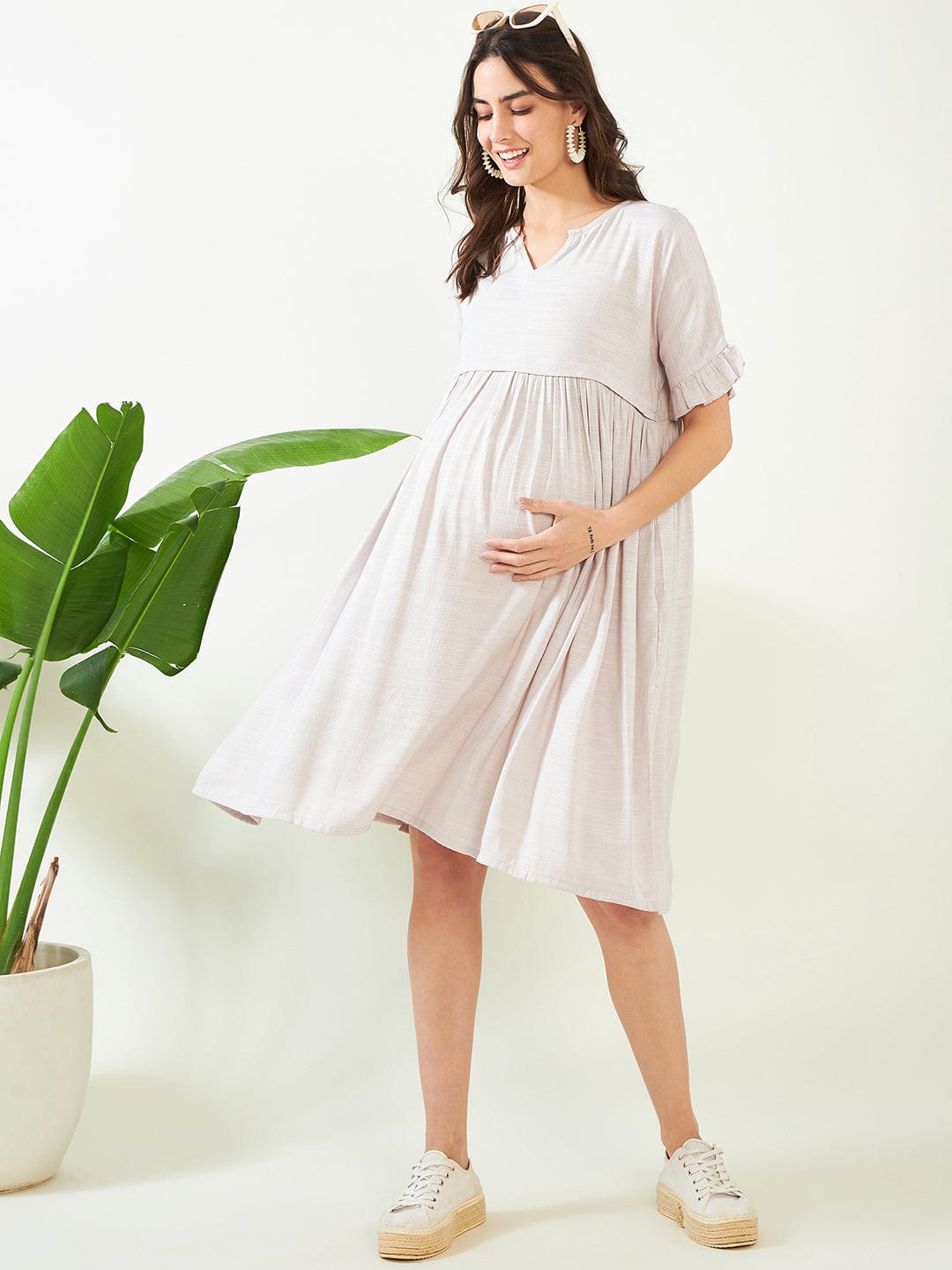 The Kaftan Company Dresses Earthy Grey Soft Cotton Maternity and Feeding Dress