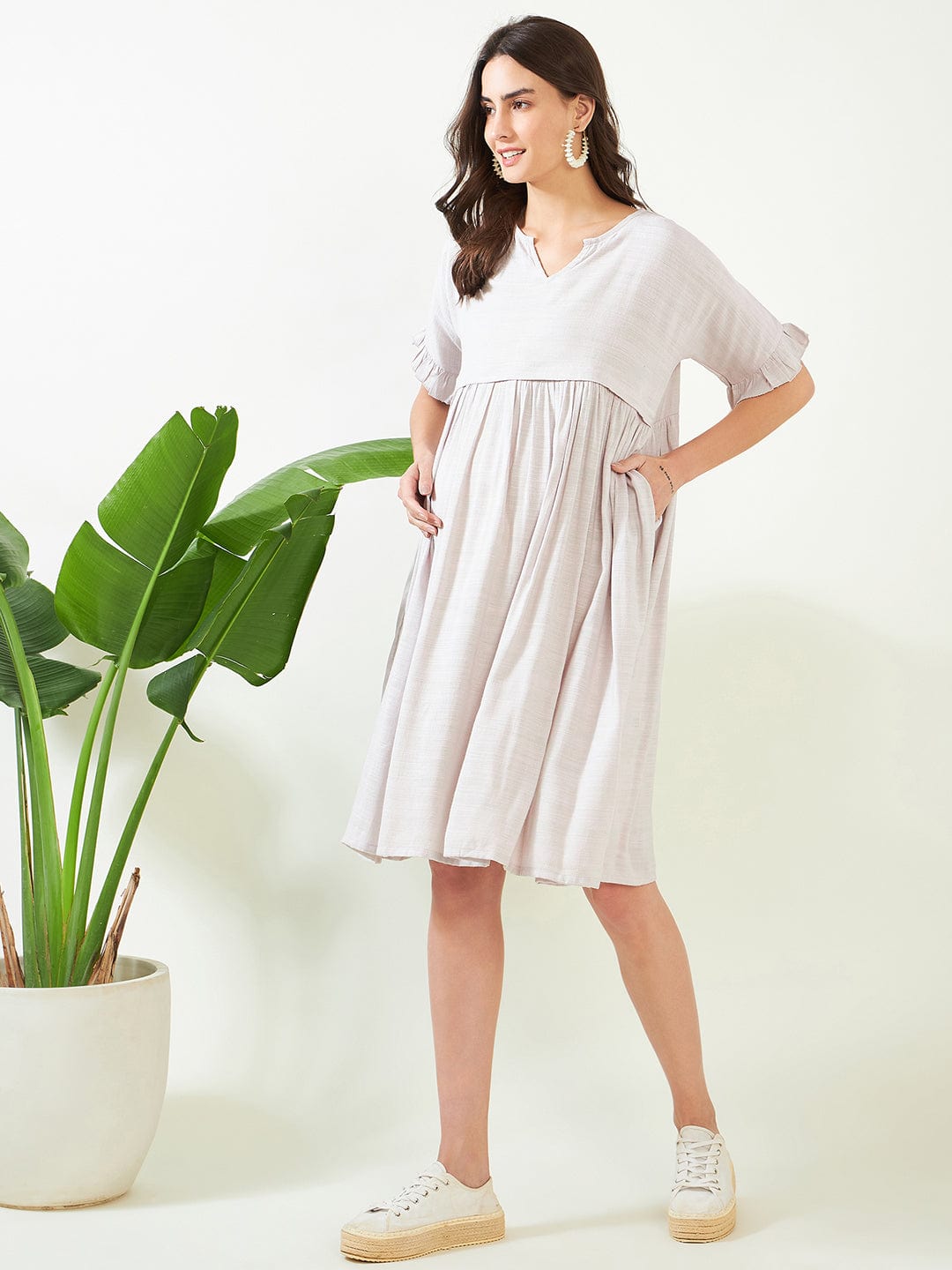 The Kaftan Company Dresses Earthy Grey Soft Cotton Maternity and Feeding Dress