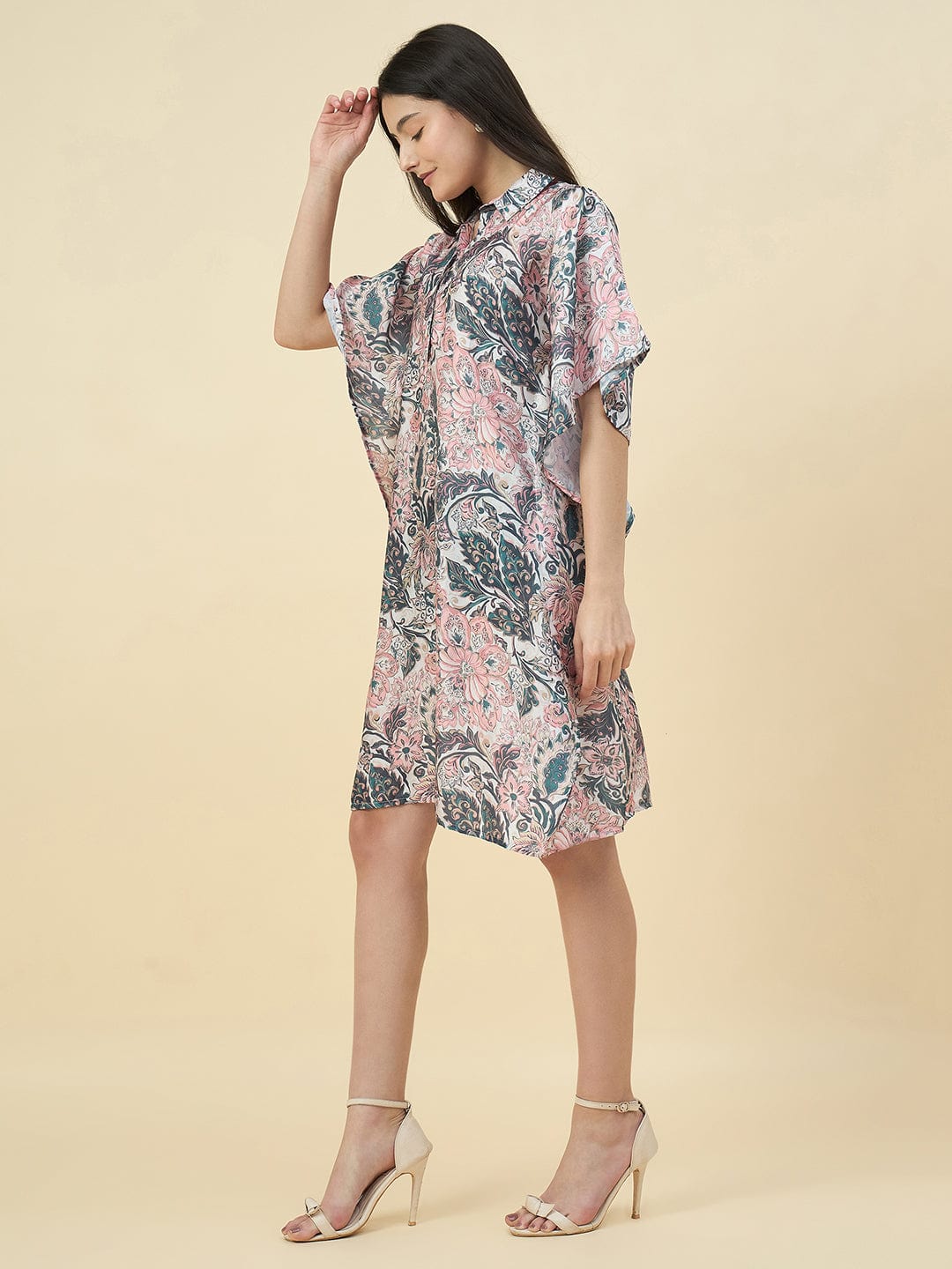 The Kaftan Company Dresses Floral Linen Satin Kaftan Dress