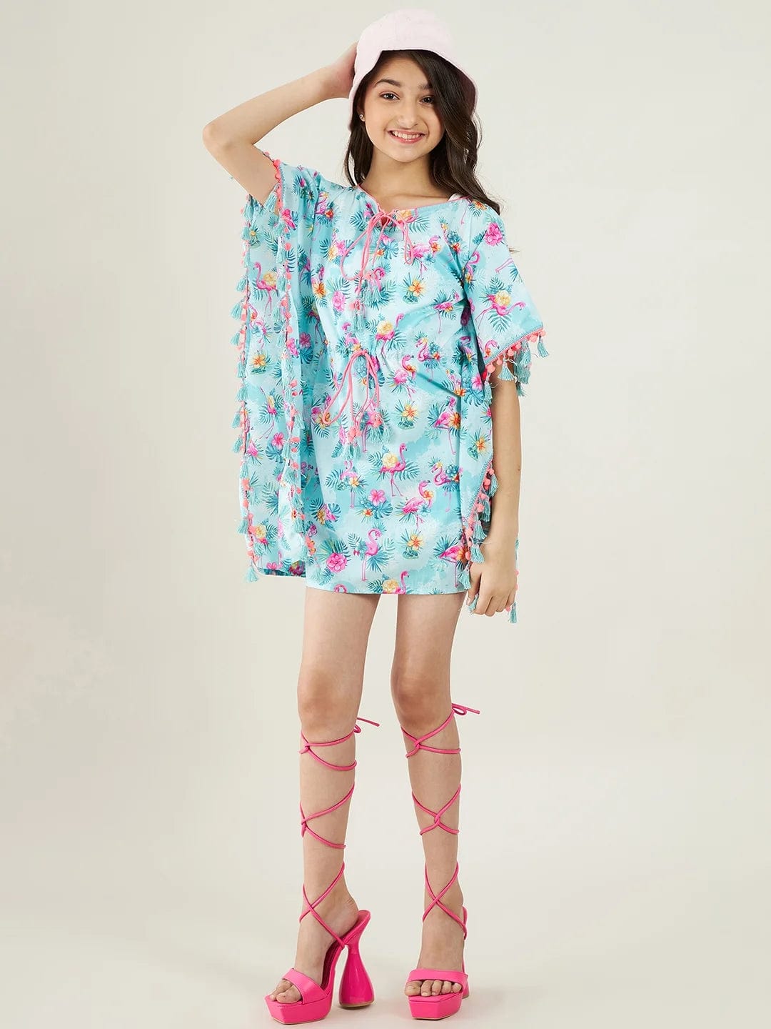 The Kaftan Company Dresses Girls Blue Tropical Flamingo Dress