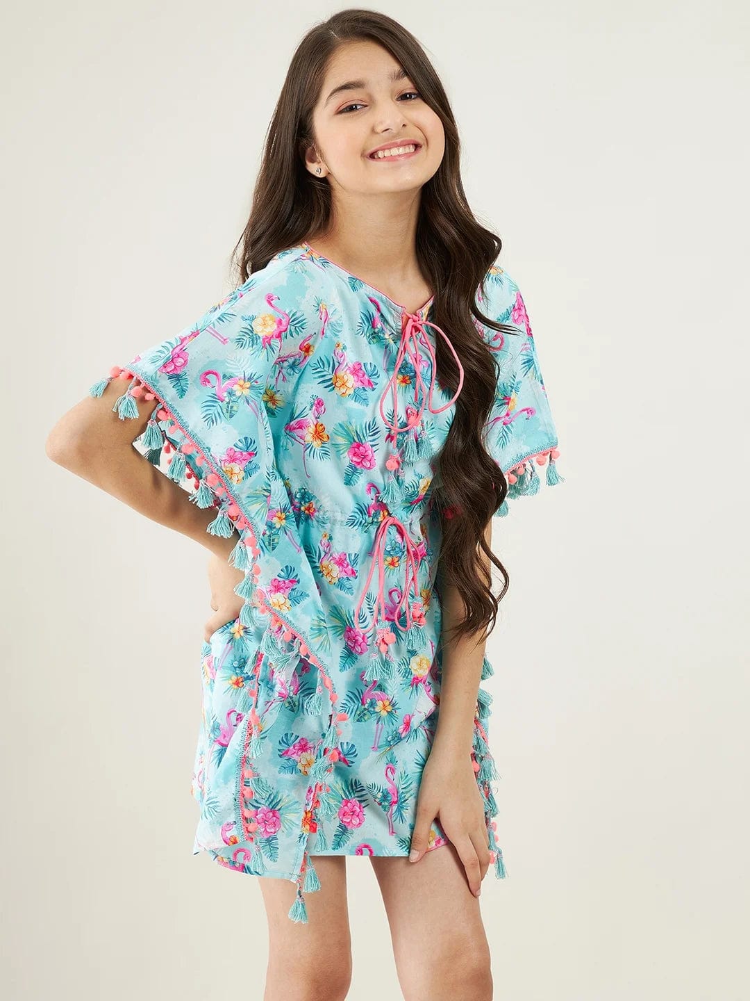 The Kaftan Company Dresses Girls Blue Tropical Flamingo Dress