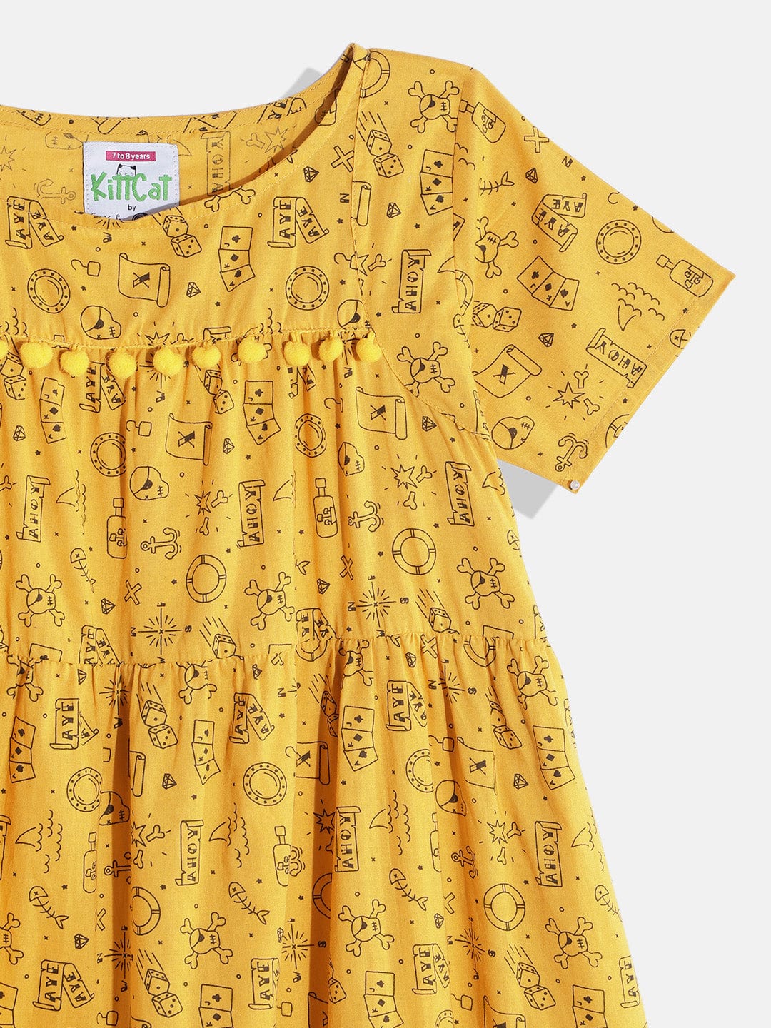 The Kaftan Company Dresses Girls Yellow Doodle Pom Pom Cute Day Wear Western Dress
