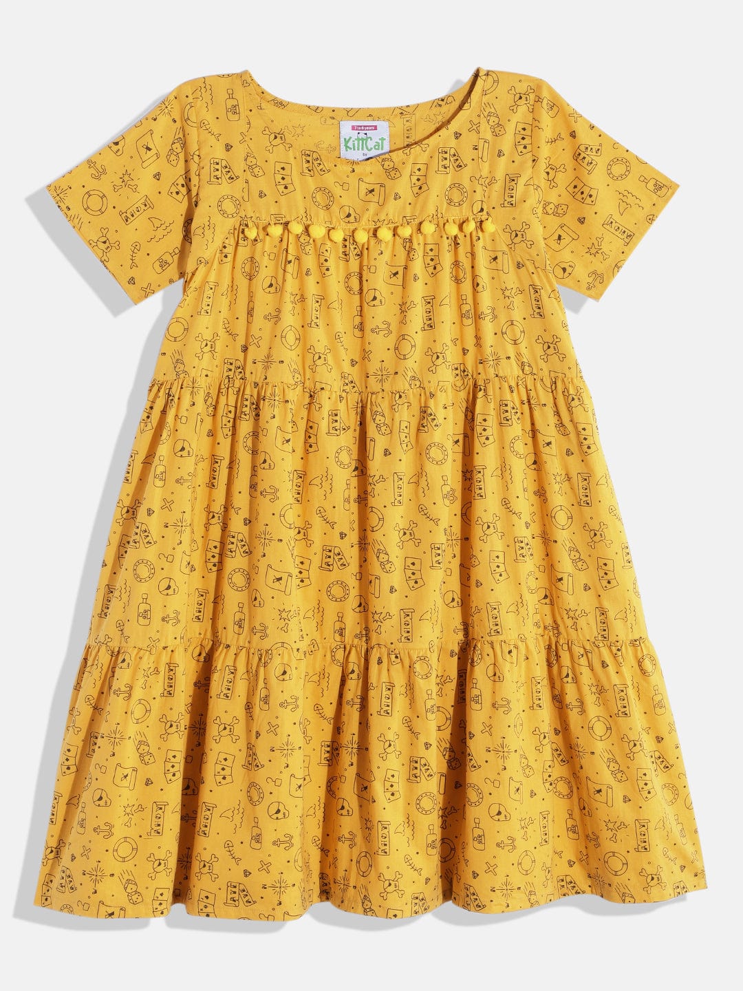 The Kaftan Company Dresses Girls Yellow Doodle Pom Pom Cute Day Wear Western Dress
