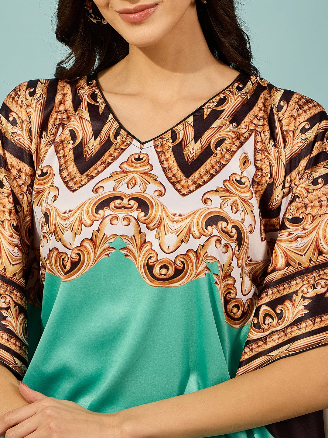 The Kaftan Company Dresses Green Baroque Printed Satin Kaftan Dress