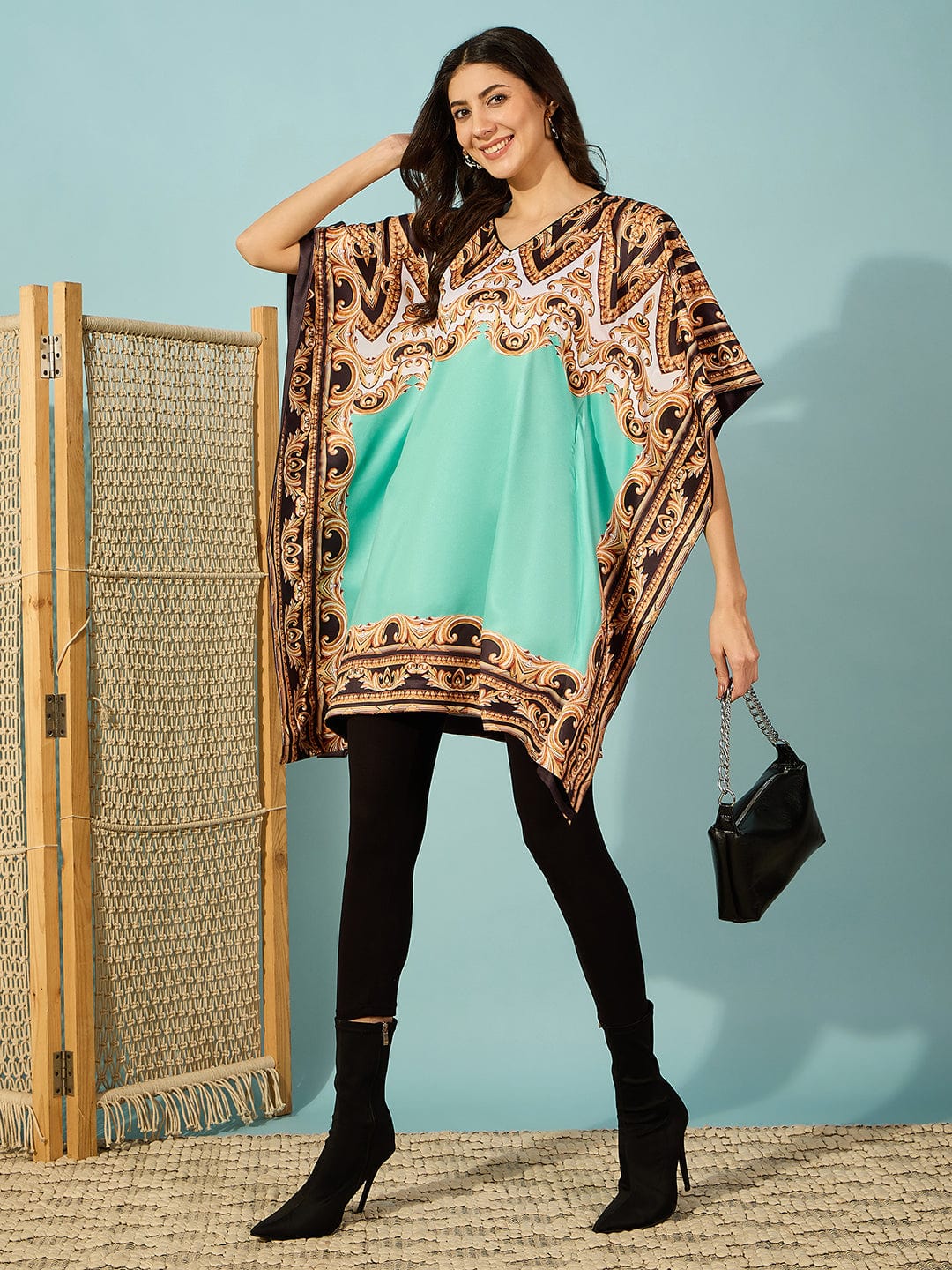 The Kaftan Company Dresses Green Baroque Printed Satin Kaftan Dress