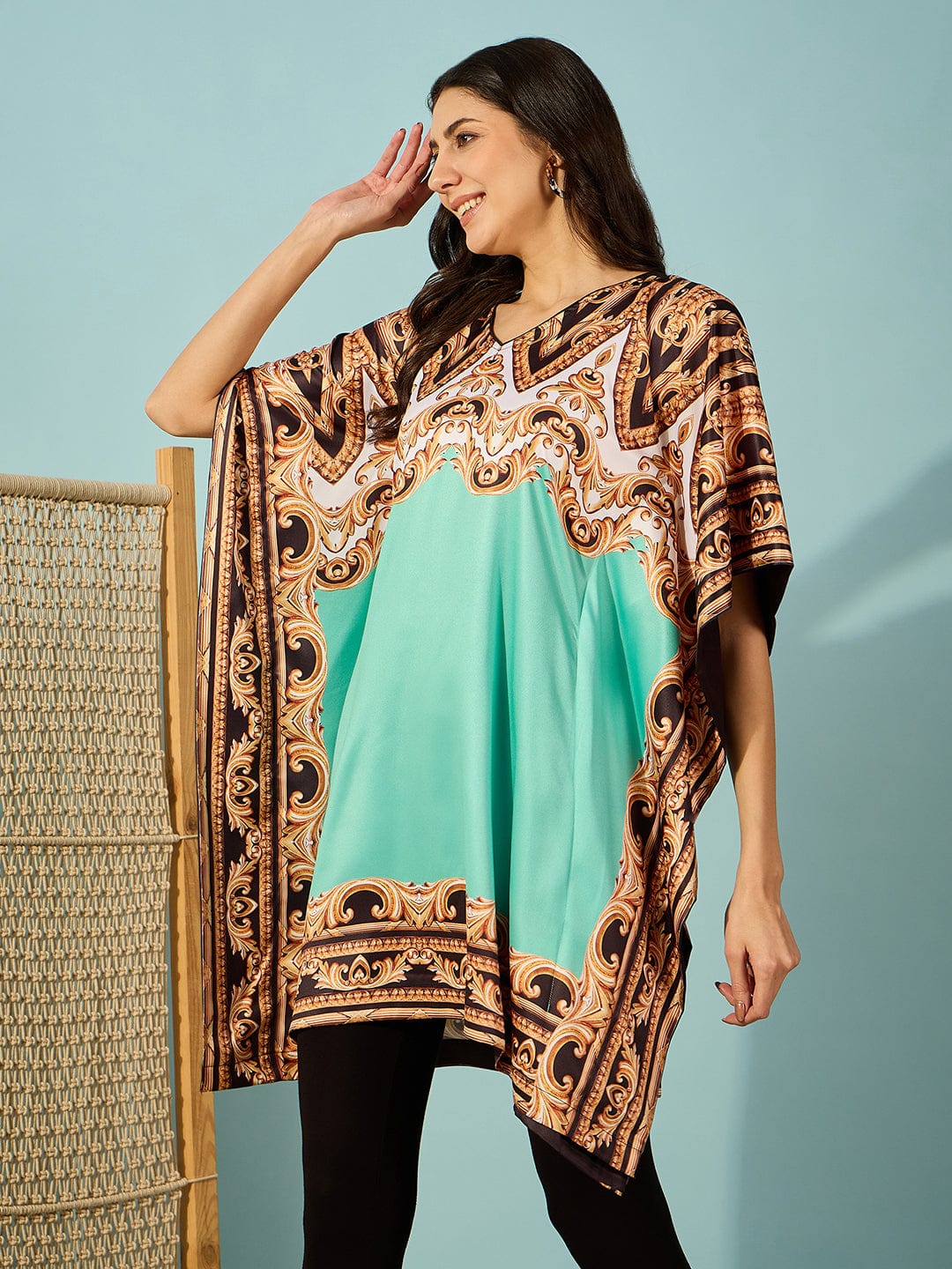 The Kaftan Company Dresses Green Baroque Printed Satin Kaftan Dress