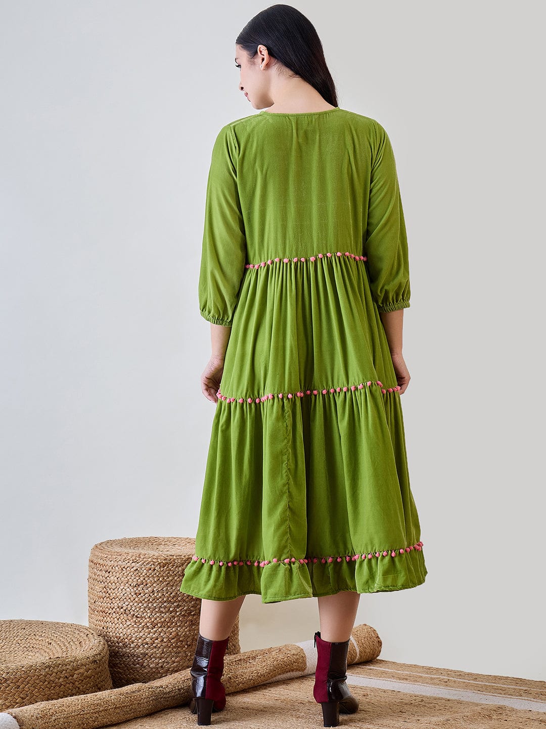 The Kaftan Company Dresses Green Solid Layered Velvet Pom Pom Highlighted Dress