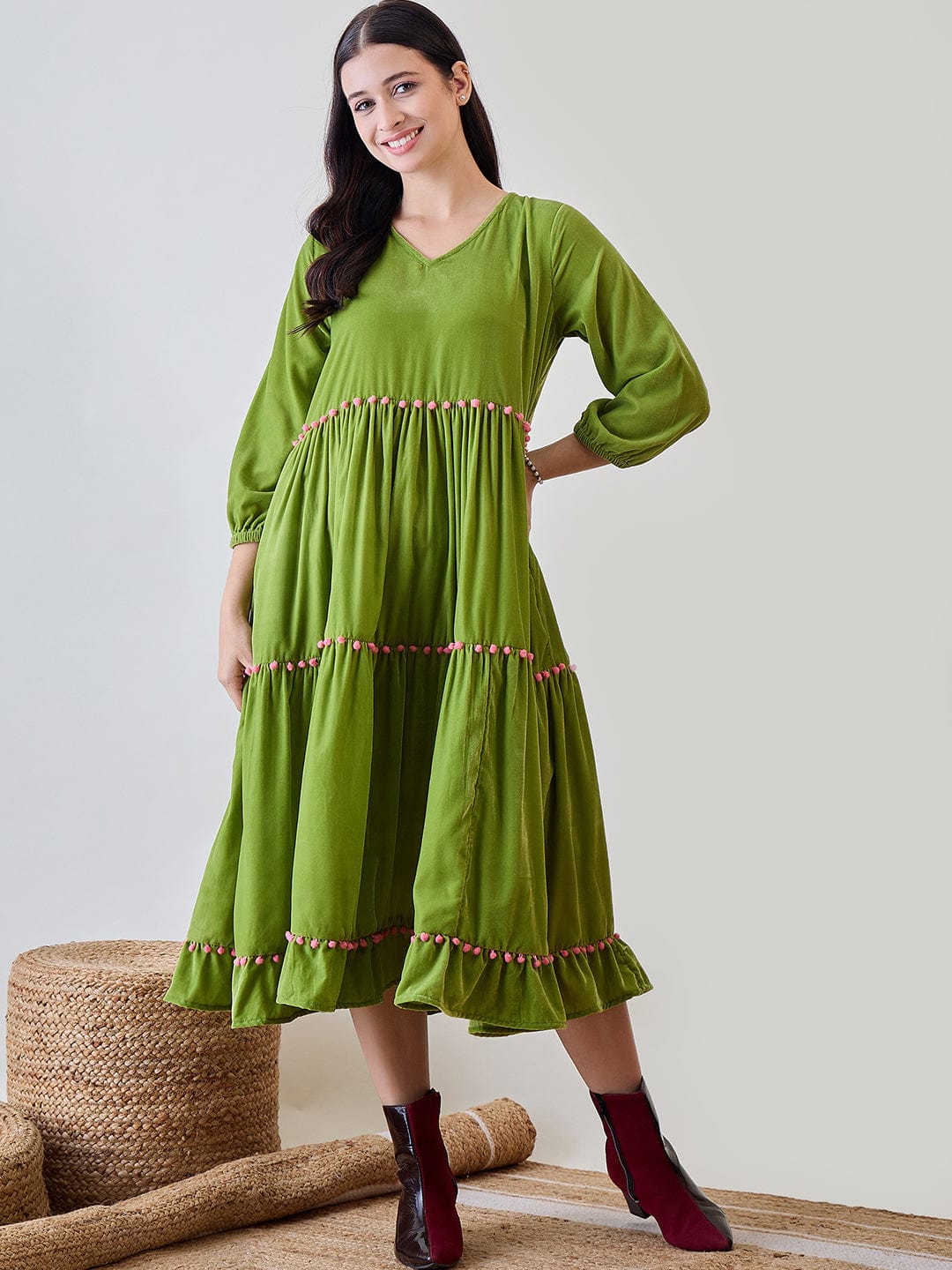 The Kaftan Company Dresses Green Solid Layered Velvet Pom Pom Highlighted Dress