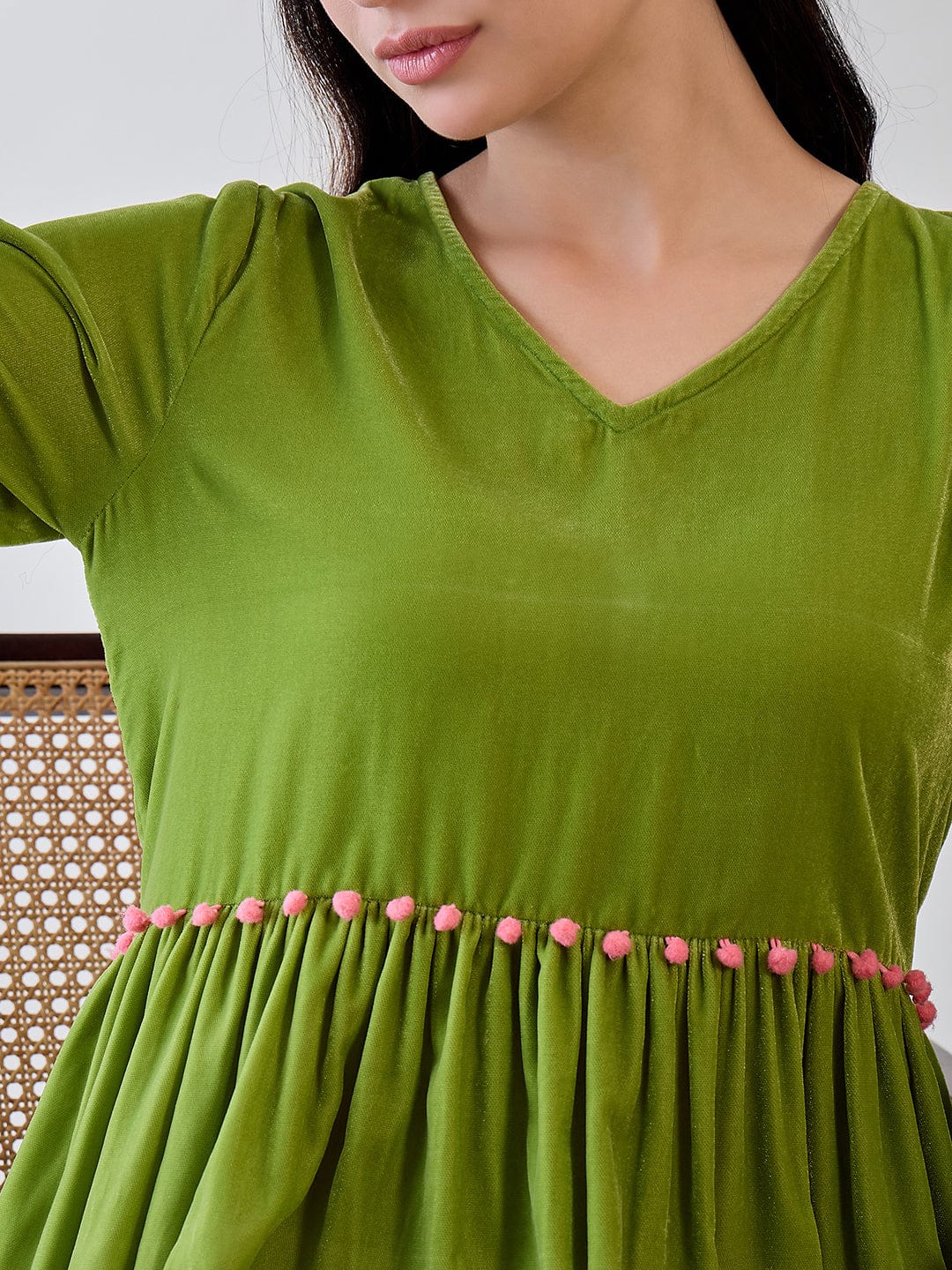 The Kaftan Company Dresses Green Solid Layered Velvet Pom Pom Highlighted Dress
