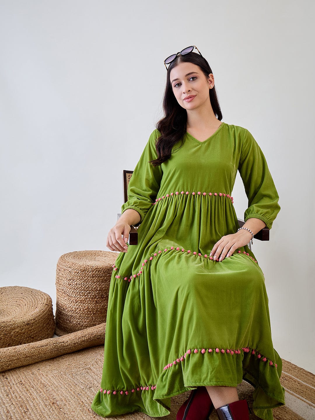 The Kaftan Company Dresses Green Solid Layered Velvet Pom Pom Highlighted Dress