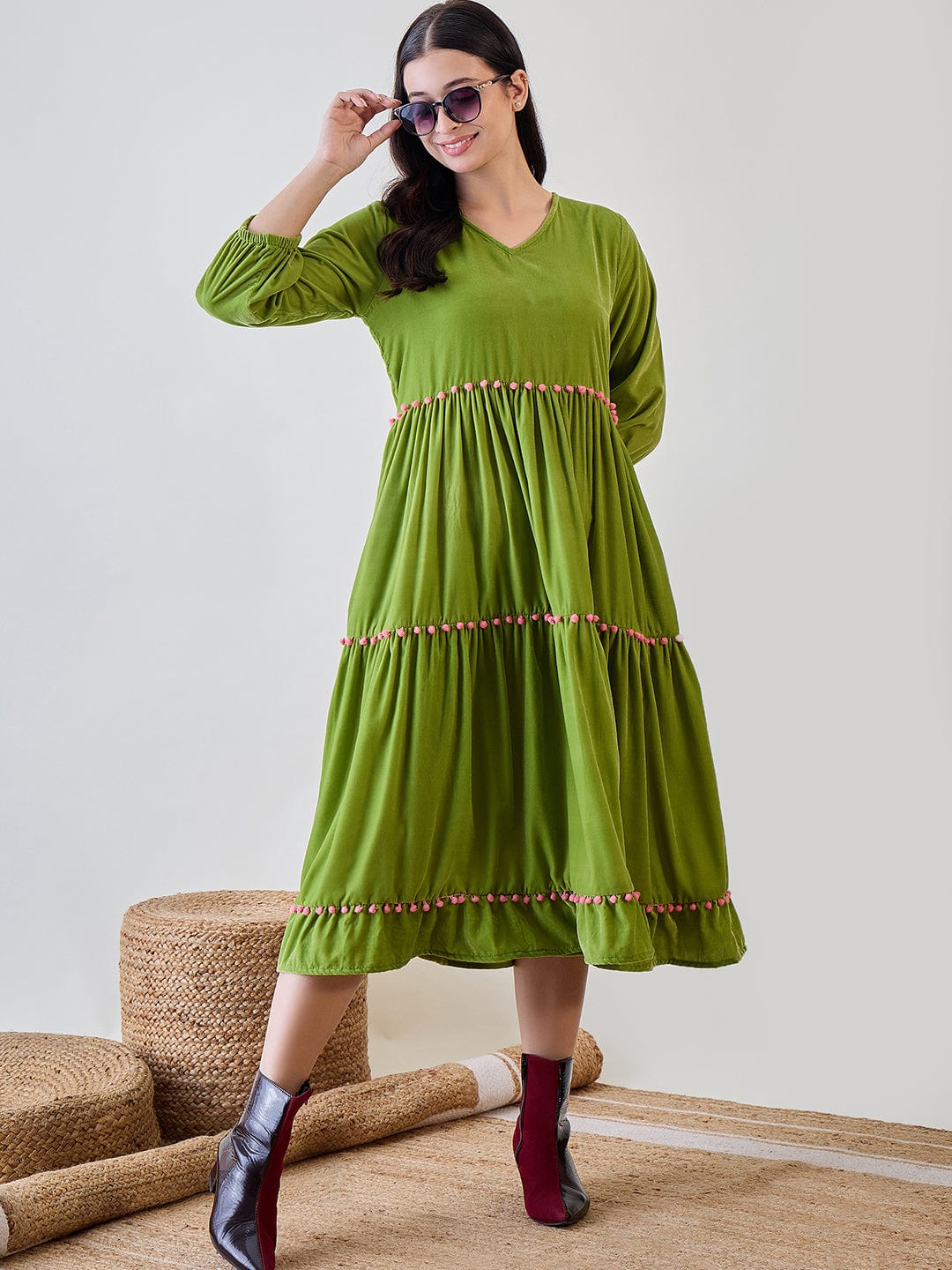 The Kaftan Company Dresses Green Solid Layered Velvet Pom Pom Highlighted Dress