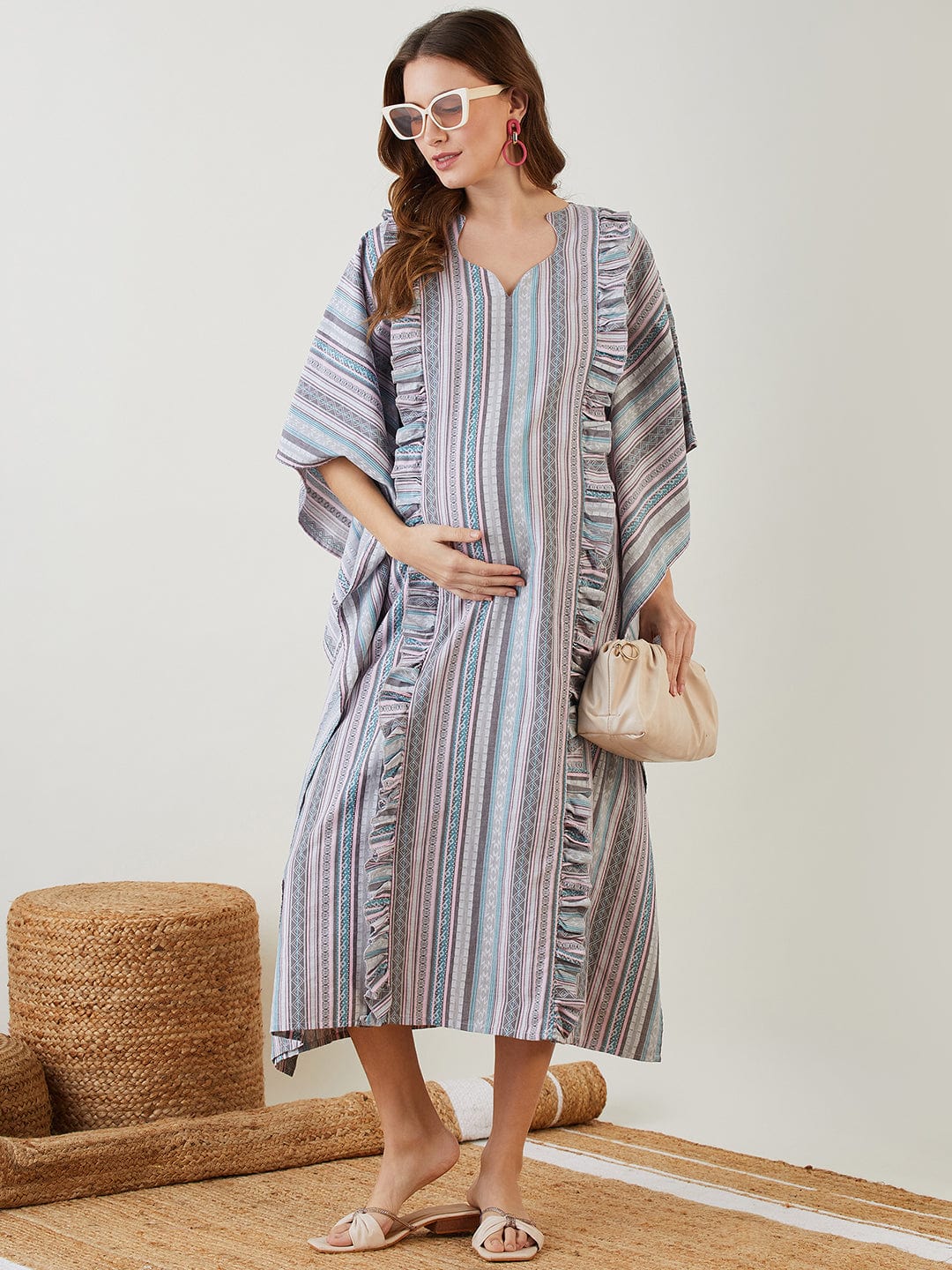 The Kaftan Company Dresses Grey Aztec Jacquard Denim Nursing Dress