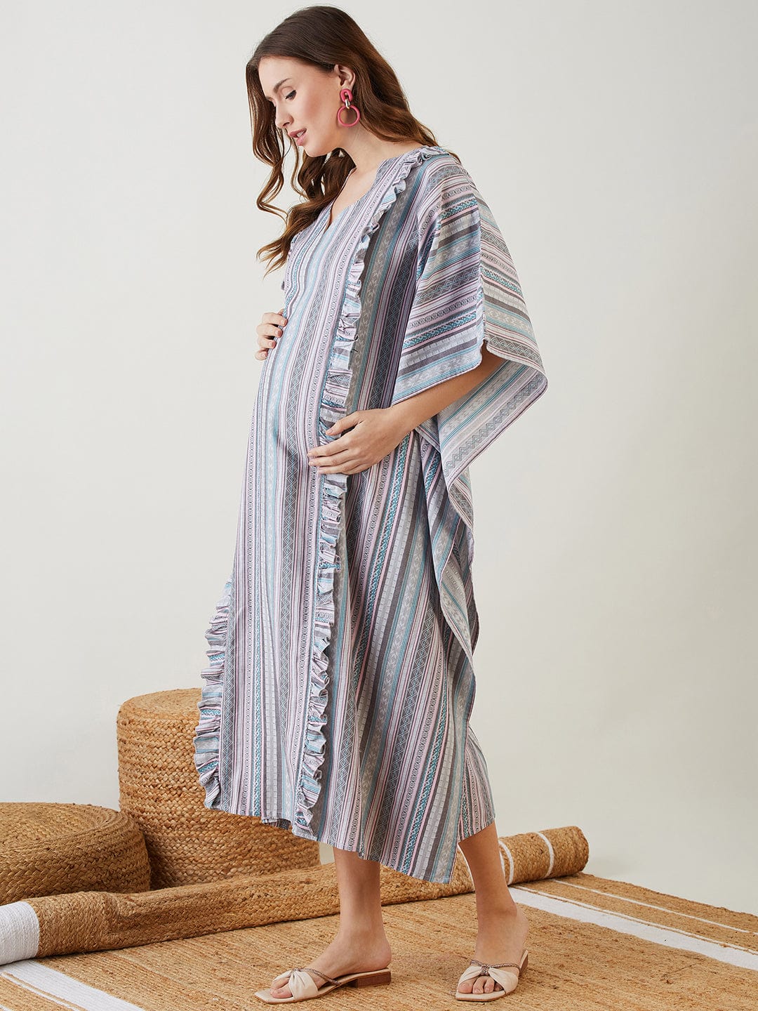 The Kaftan Company Dresses Grey Aztec Jacquard Denim Nursing Dress