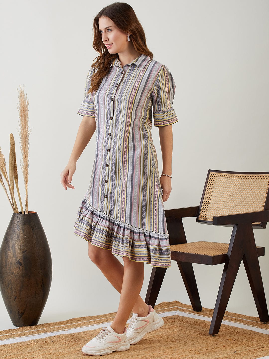The Kaftan Company Dresses Grey Jacquard Button Down Cotton Dress