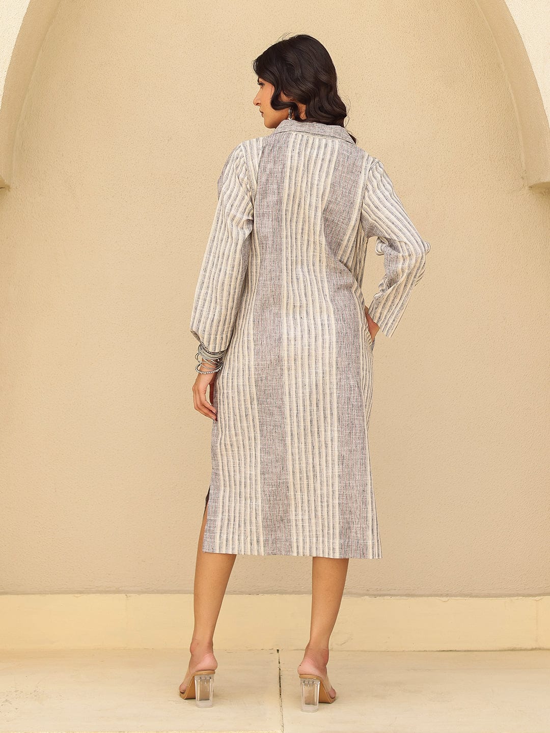 The Kaftan Company Dresses Grey Stripes Printed Cotton Dress