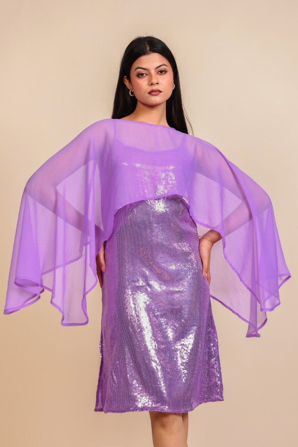 The Kaftan Company Dresses Lavender Sequin Dress with Georgette Cape Overlay