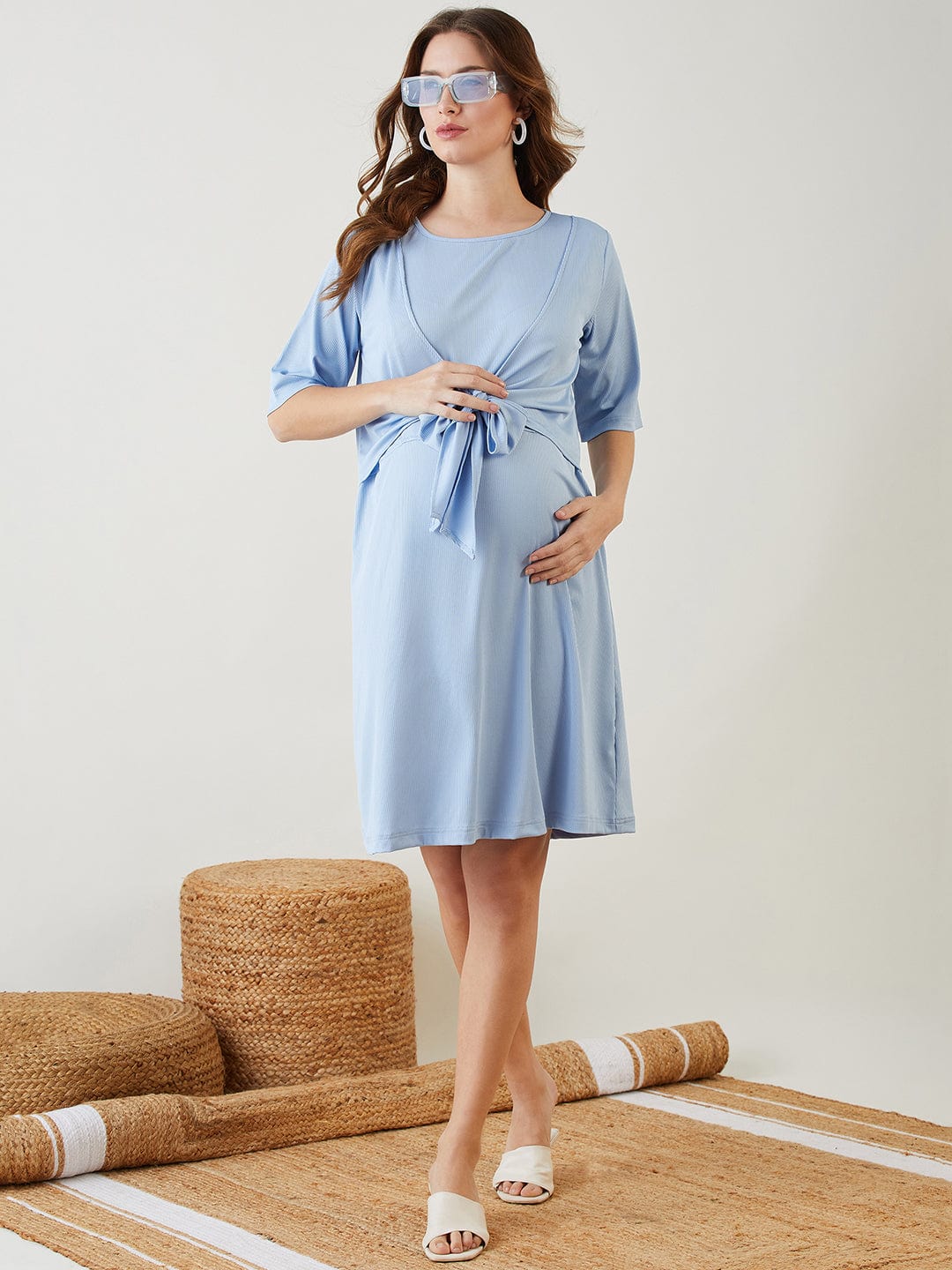 The Kaftan Company Dresses Light Blue Tie-Knot Rib Maternity and Nursing Dress