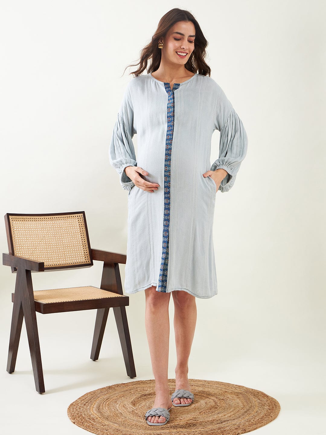 The Kaftan Company Dresses Light Green Soft Cotton Maternity Shirt Dress