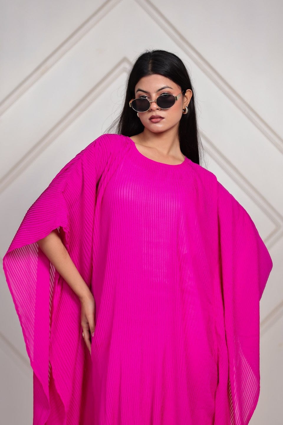 The Kaftan Company Dresses Magenta Pink Pleated Georgette Kaftan Dress