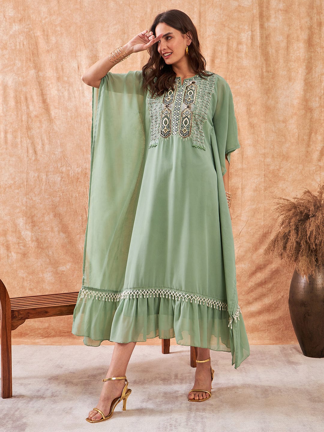 The Kaftan Company Dresses Moss Green Hand Embroidered Layered Party Dress with Slip